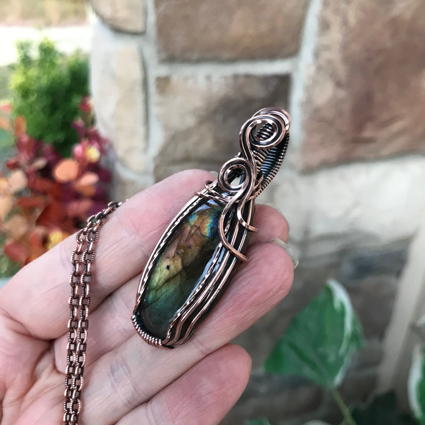 Rainbow Labradorite Slender Oval Swirly Copper Pendant