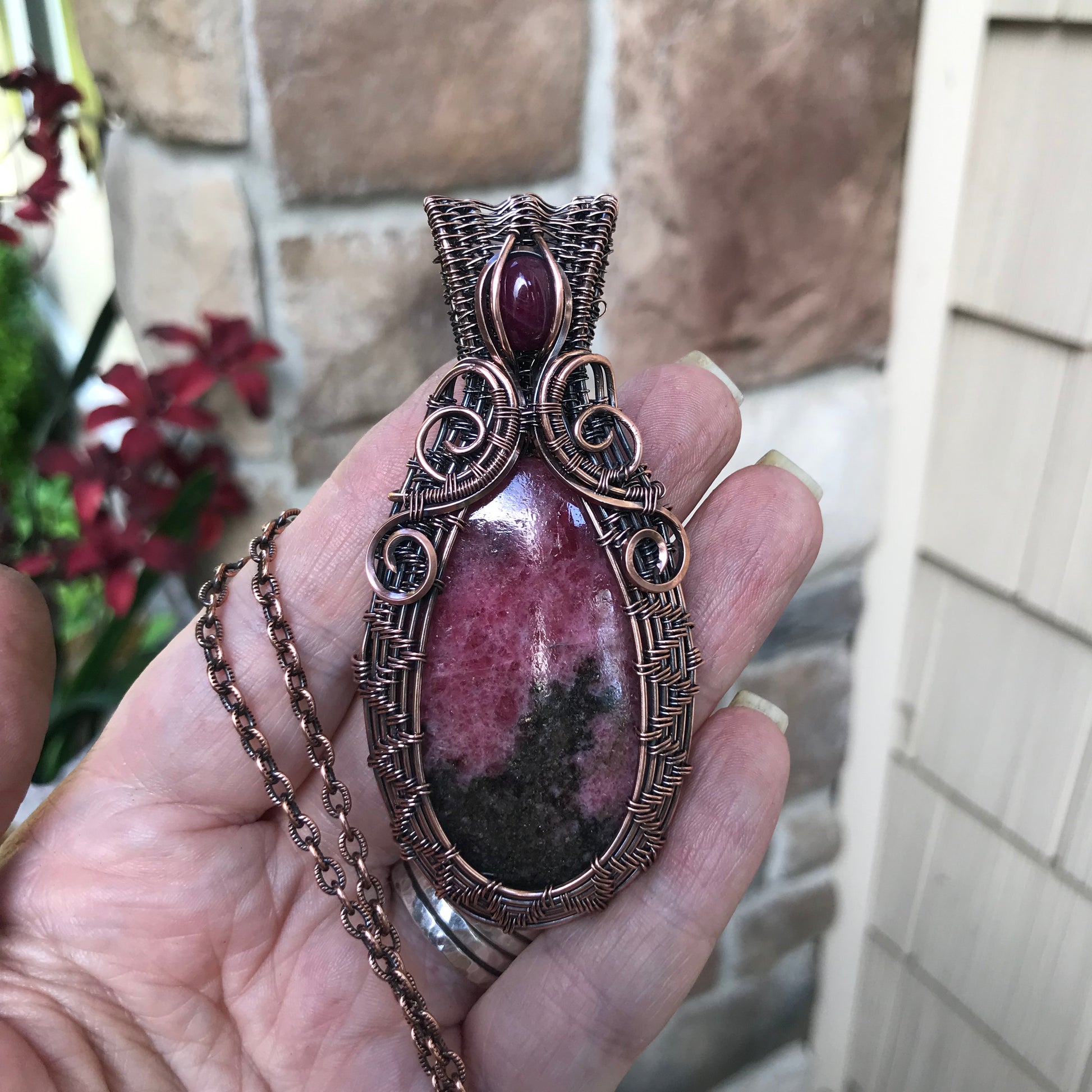 Rhodonite & Ruby Woven Copper Pendant