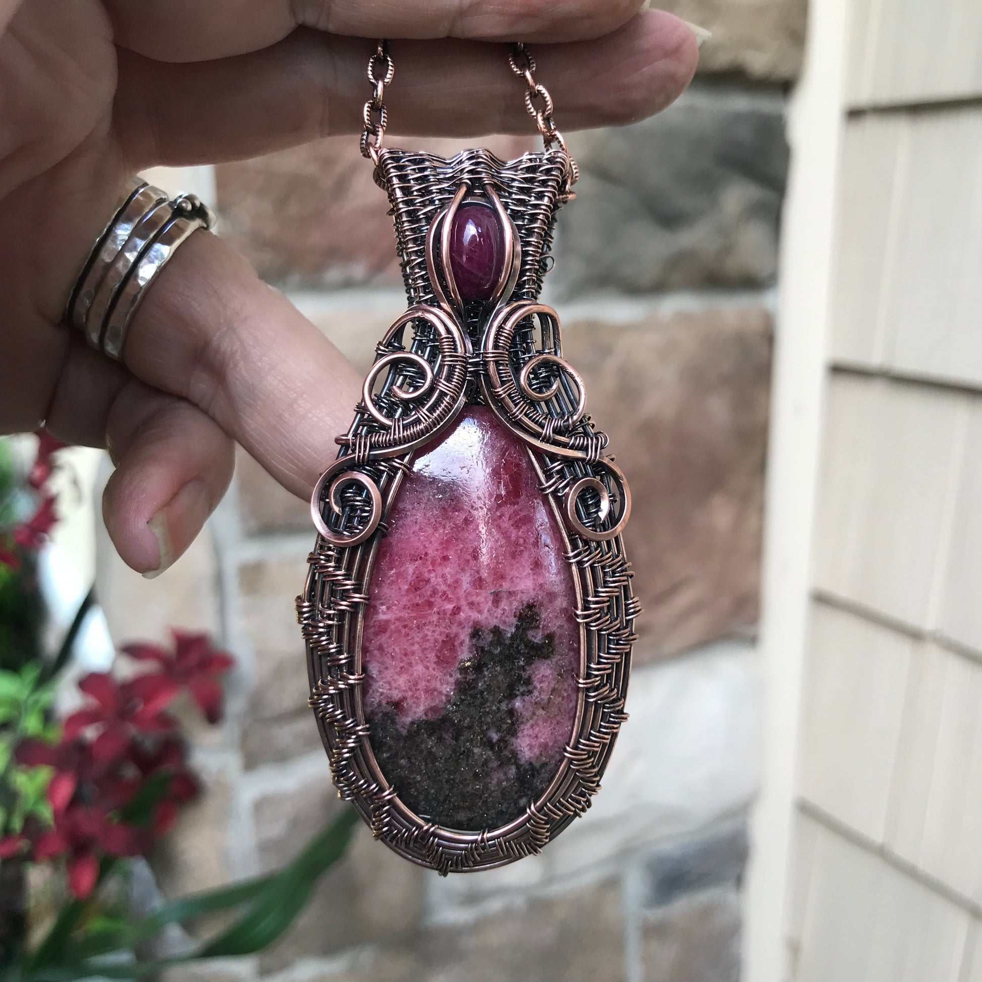 Rhodonite & Ruby Woven Copper Pendant