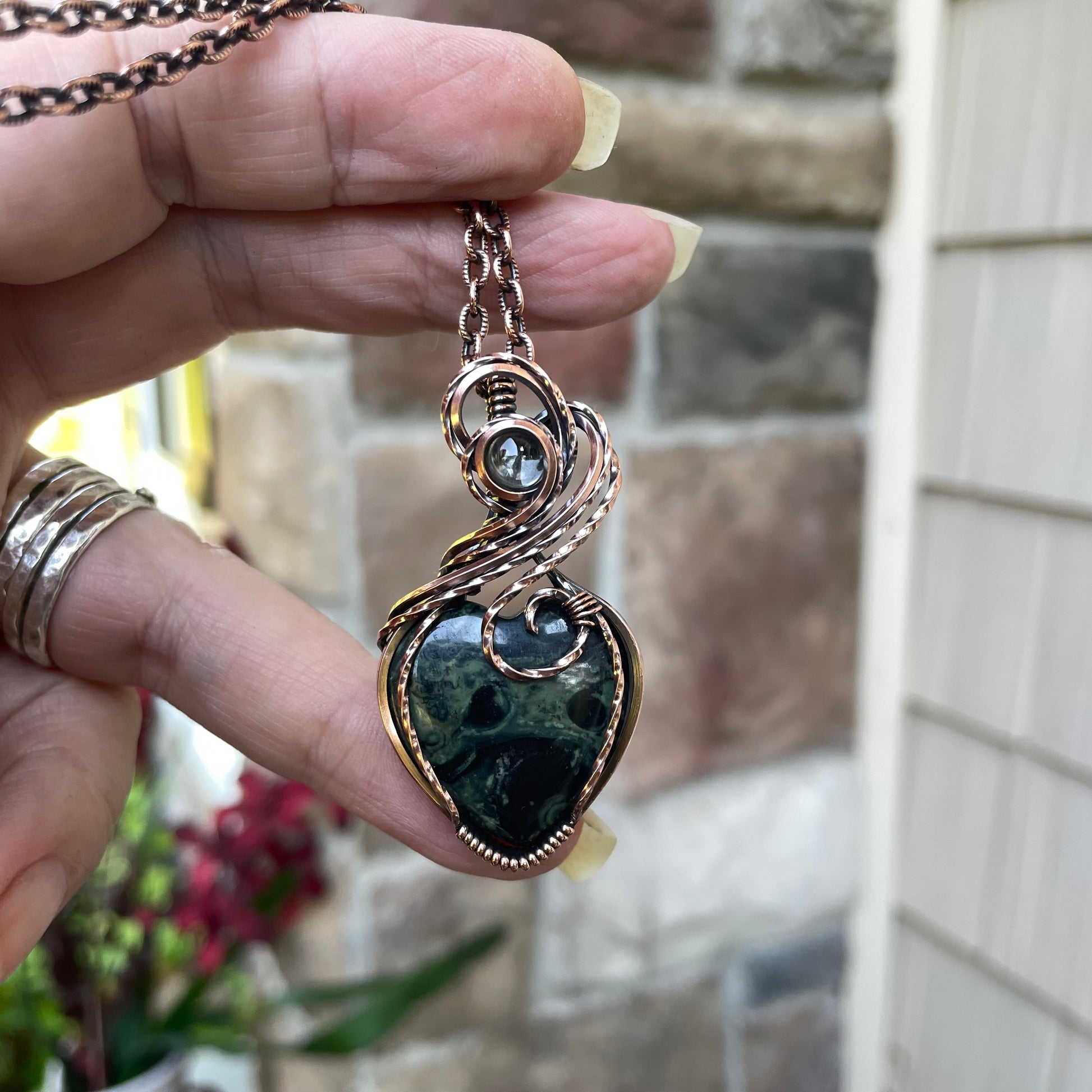 Kambaba Jasper Heart Pendant in Oxidized Copper