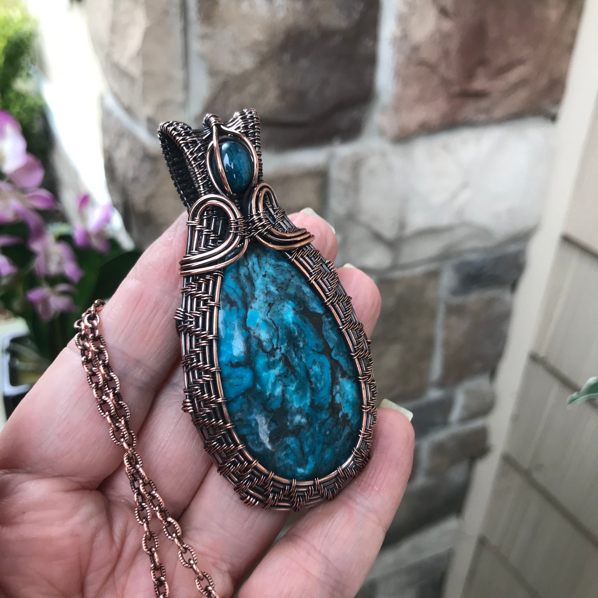 Turquoise with Apatite Woven Copper Pendant