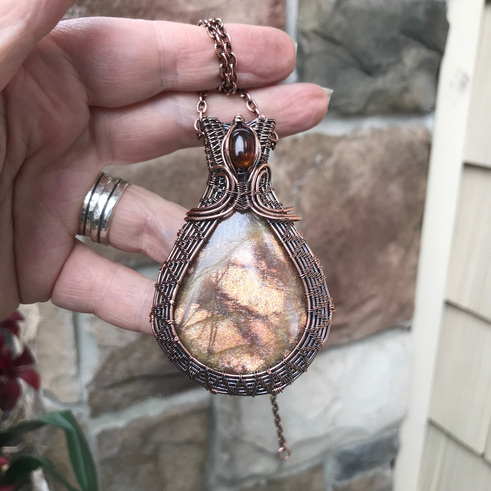Sunstone & Amber Copper Woven Pendant