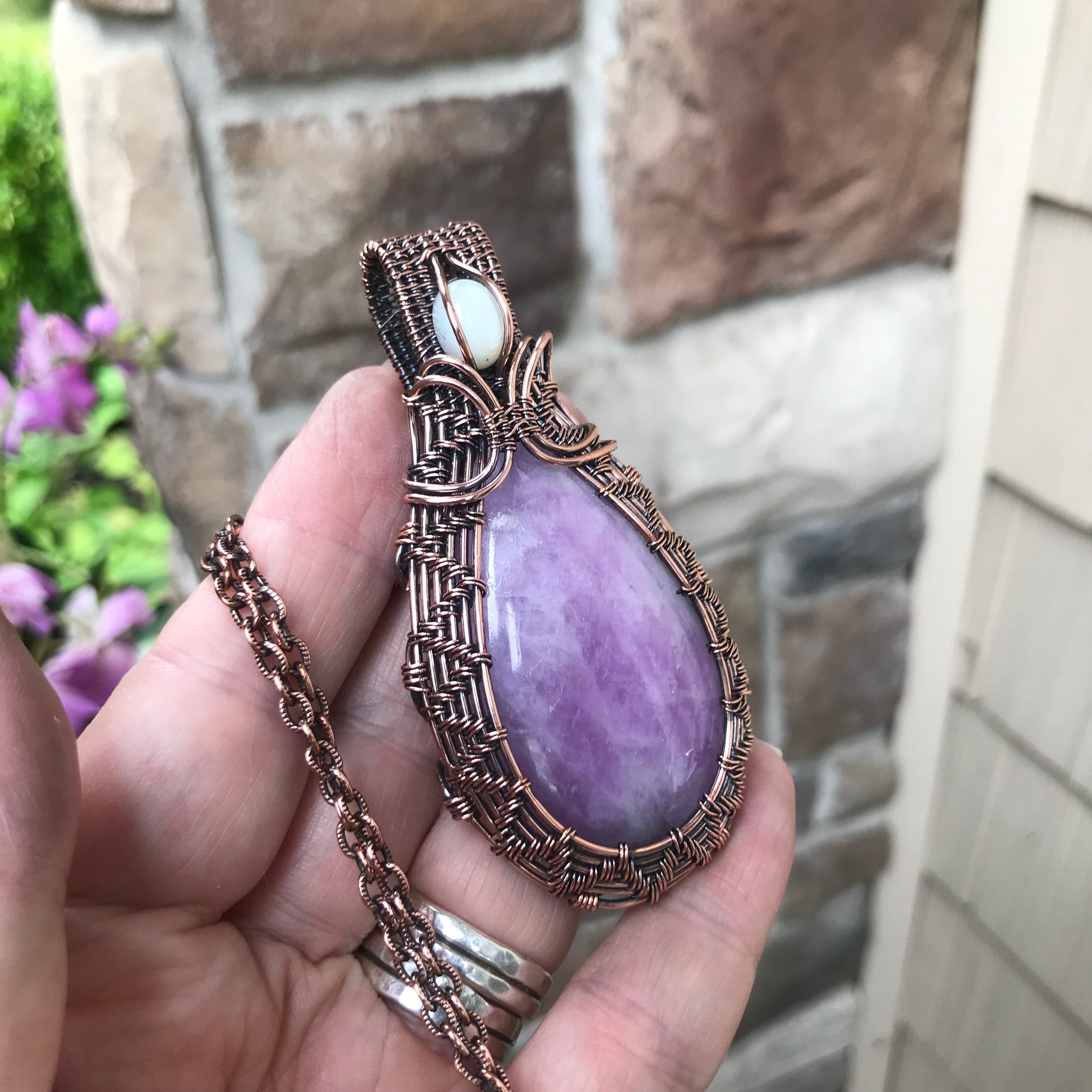 Kunzite & Mother of Pearl Woven Copper Necklace