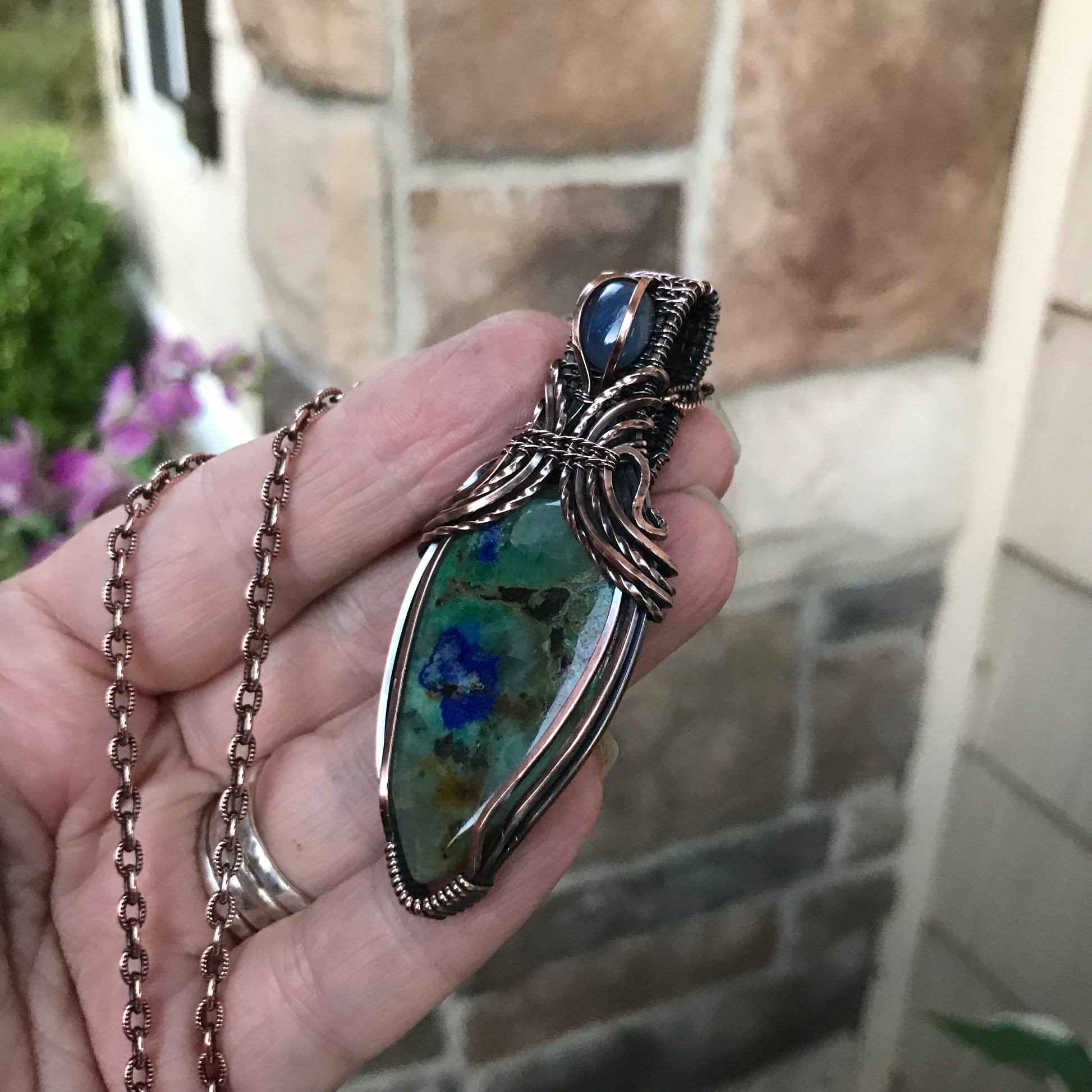 Azurite & Kyanite Copper Pendant with Woven Bail