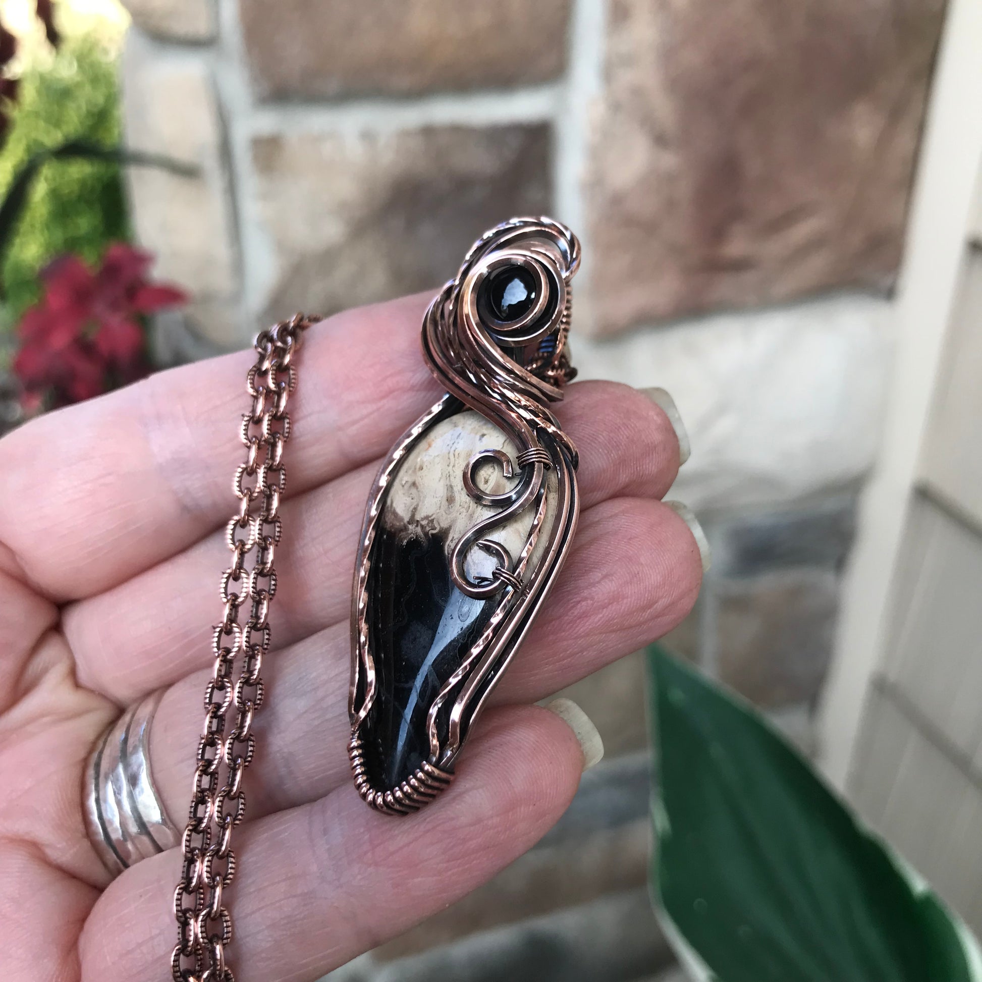 Petrified Palm Root & Black Onyx Copper Necklace
