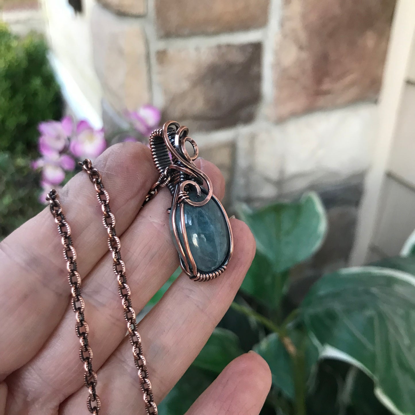Aquamarine Oval Swirly Copper Necklace
