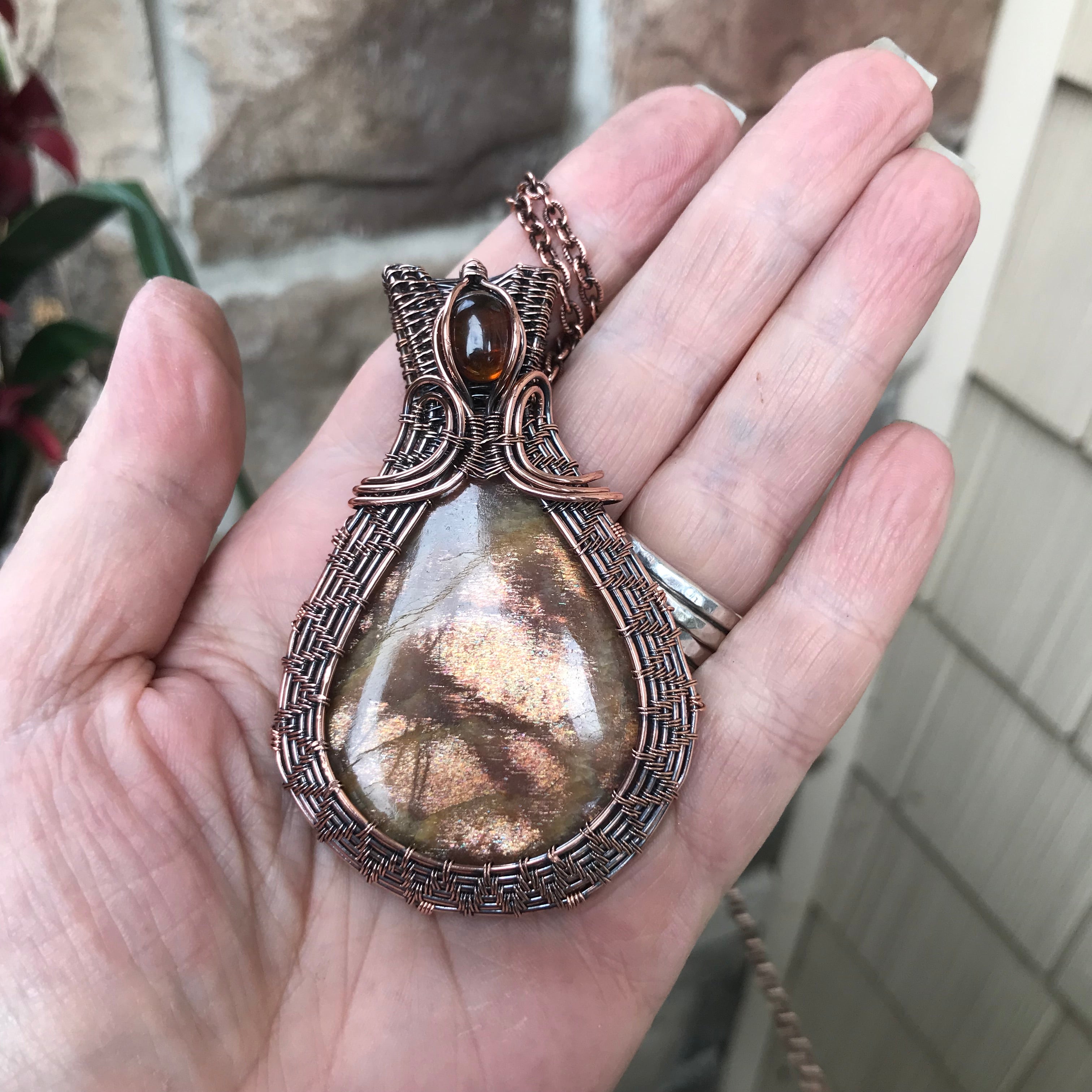 Sunstone & Amber Copper Woven Pendant