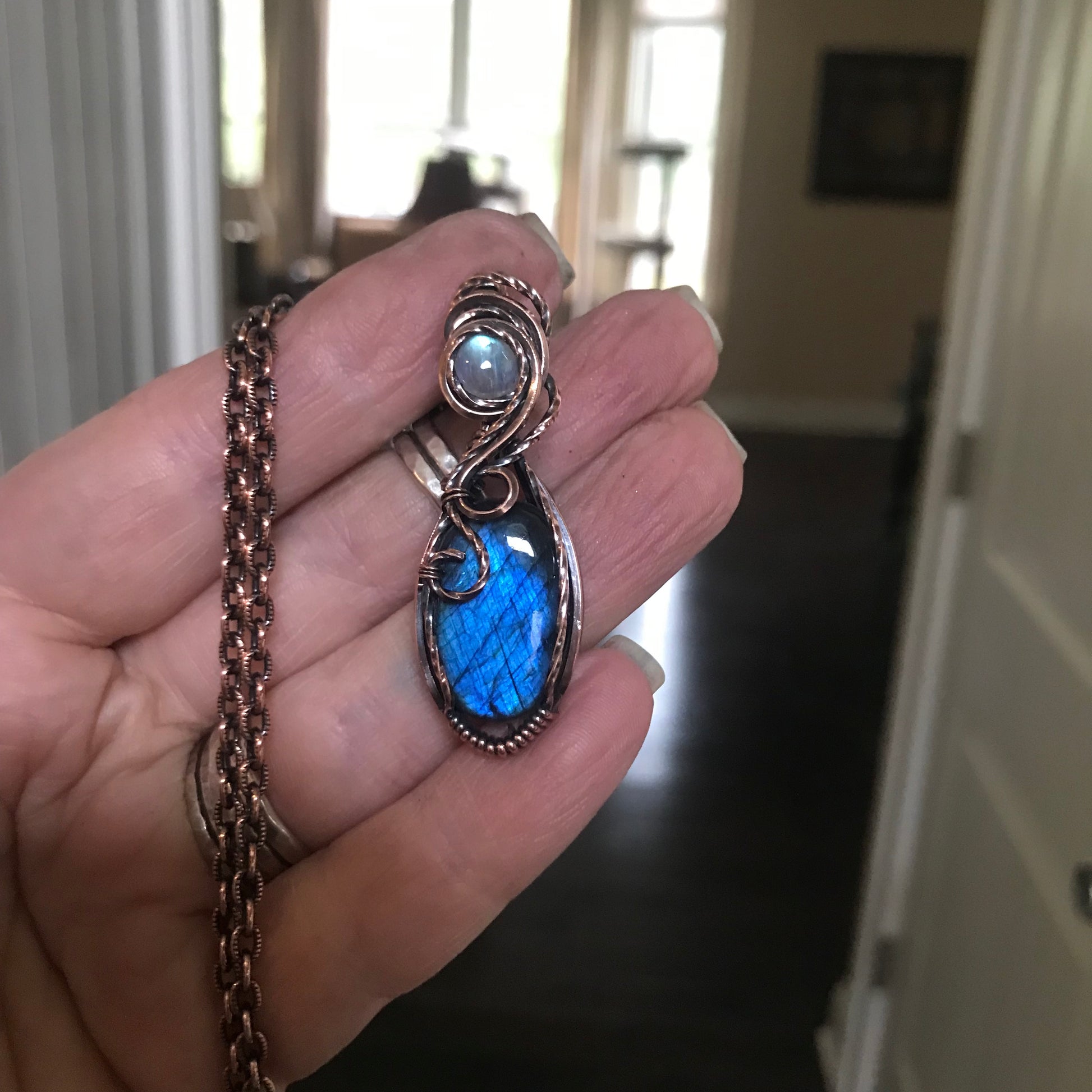 Blue Labradorite & Moonstone Oval Copper Necklace