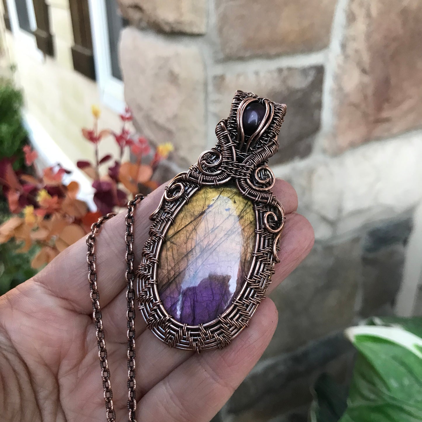 Yellow Amber Purple Labradorite & Pink Cat's Eye Wire Wrapped Pendant