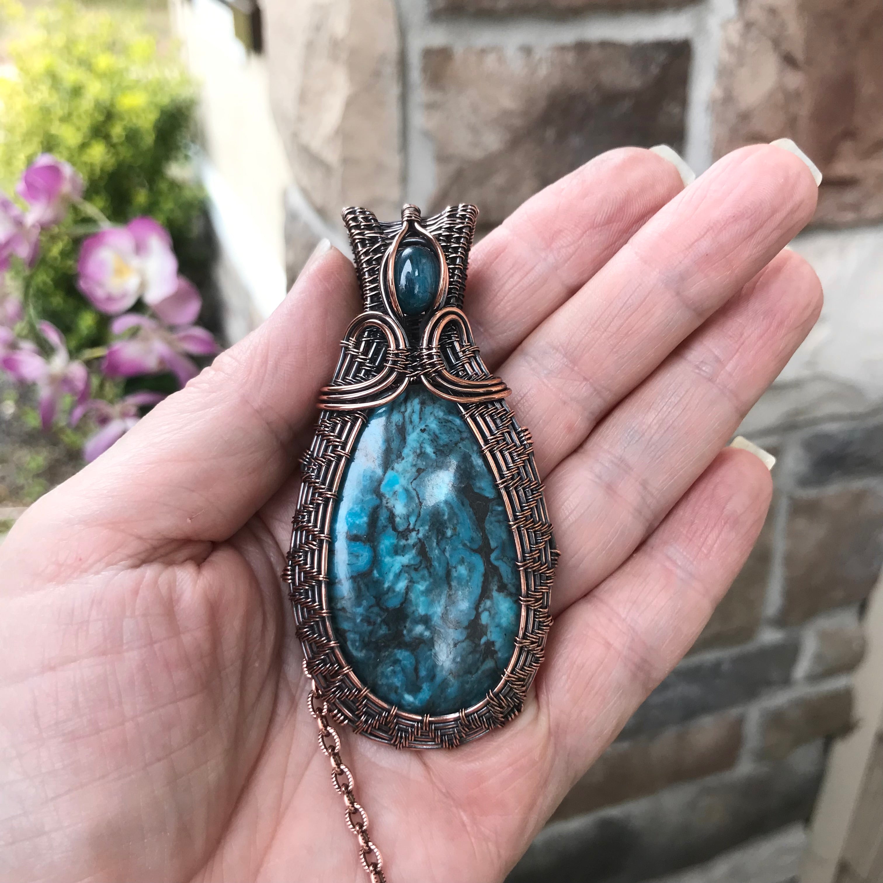 Turquoise with Apatite Woven Copper Pendant