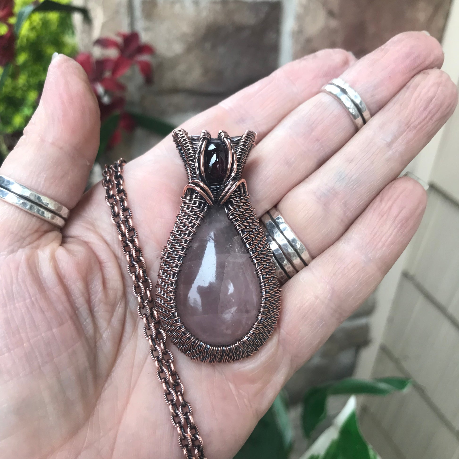 Rose Quartz & Garnet Copper Woven Pendant