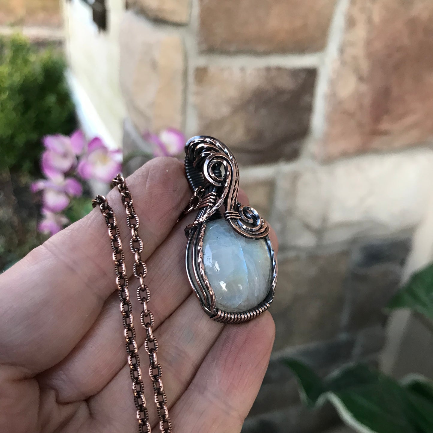 moonstone small round copper pendant