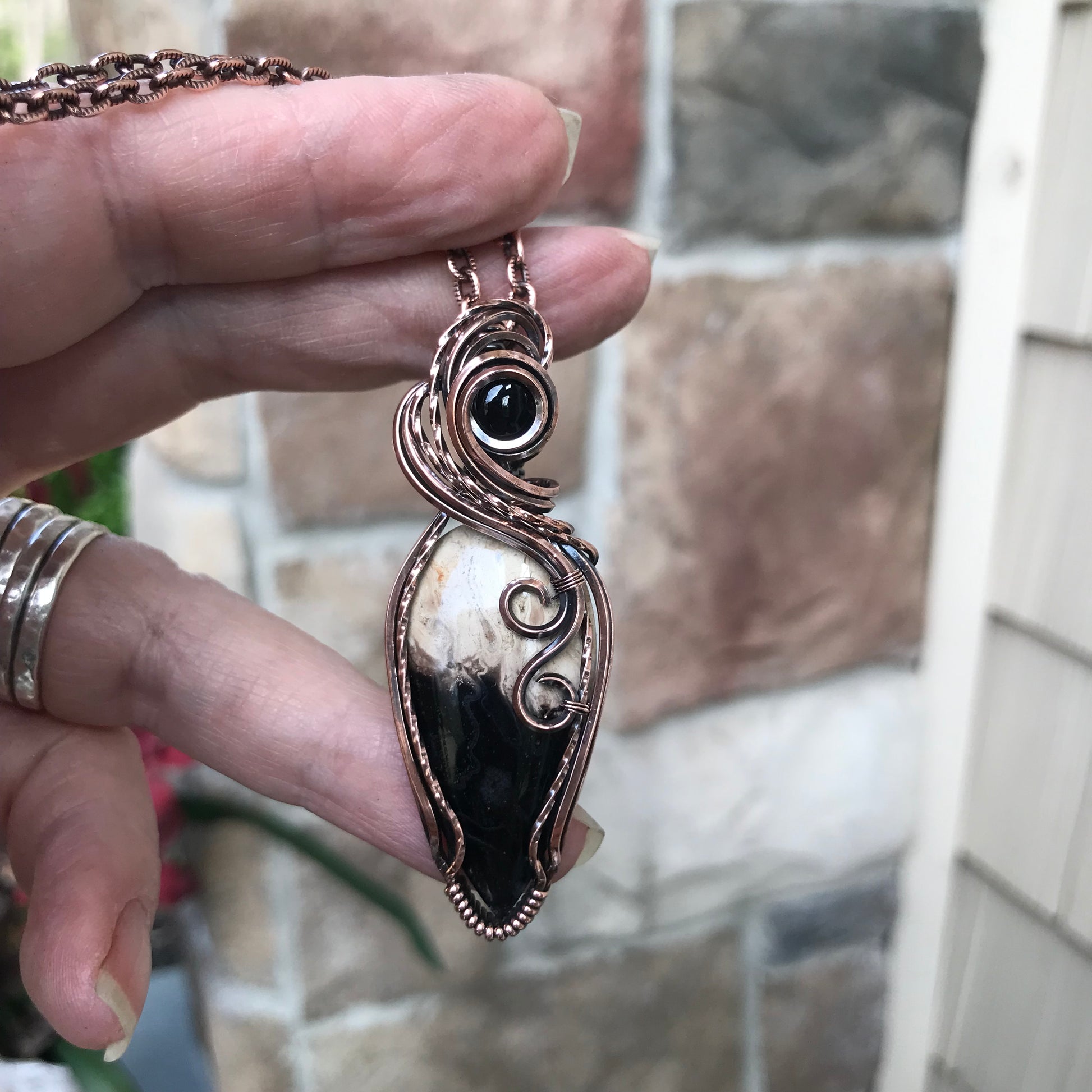 Petrified Palm Root & Black Onyx Copper Necklace