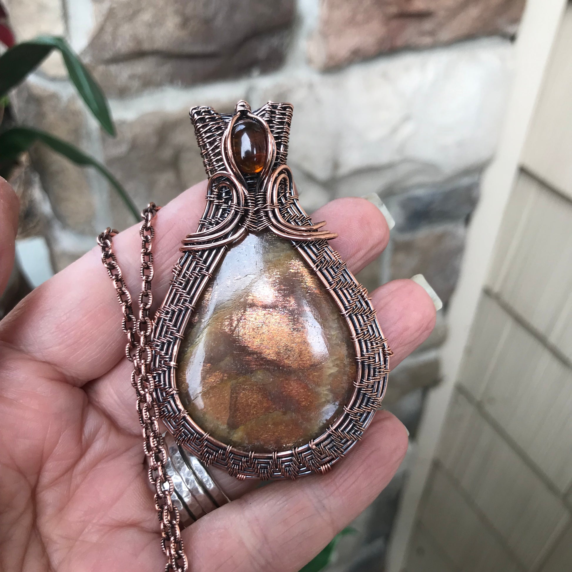 Sunstone & Amber Copper Woven Pendant