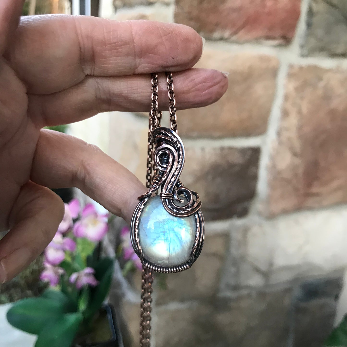moonstone small round copper pendant