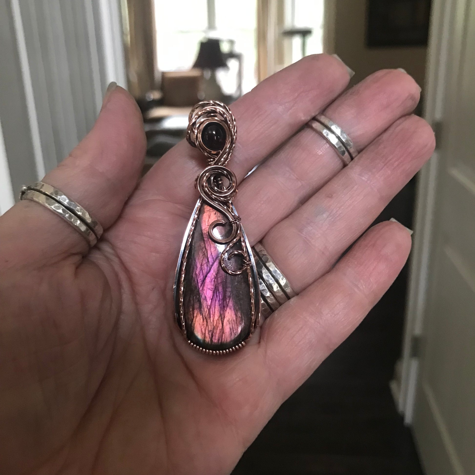 Maroon Amber Labradorite & Garnet Copper Pendant
