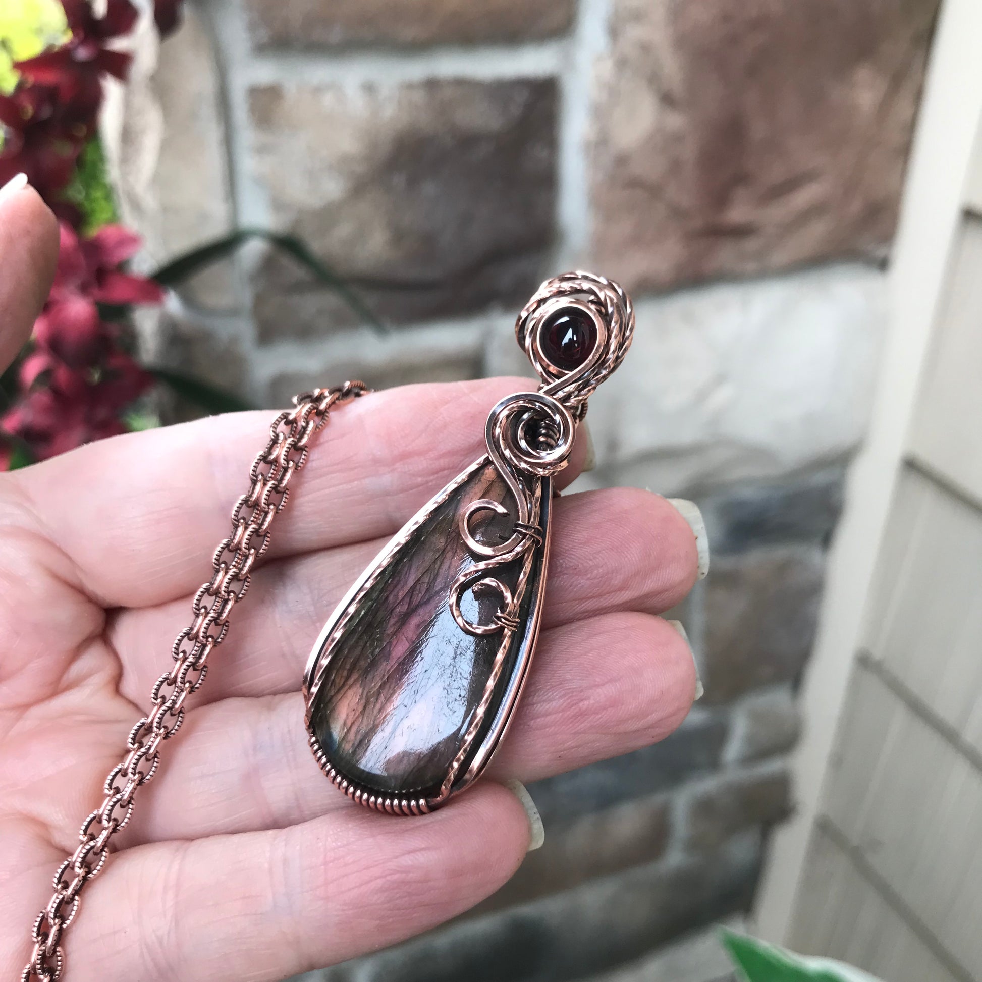 Maroon Amber Labradorite & Garnet Copper Pendant