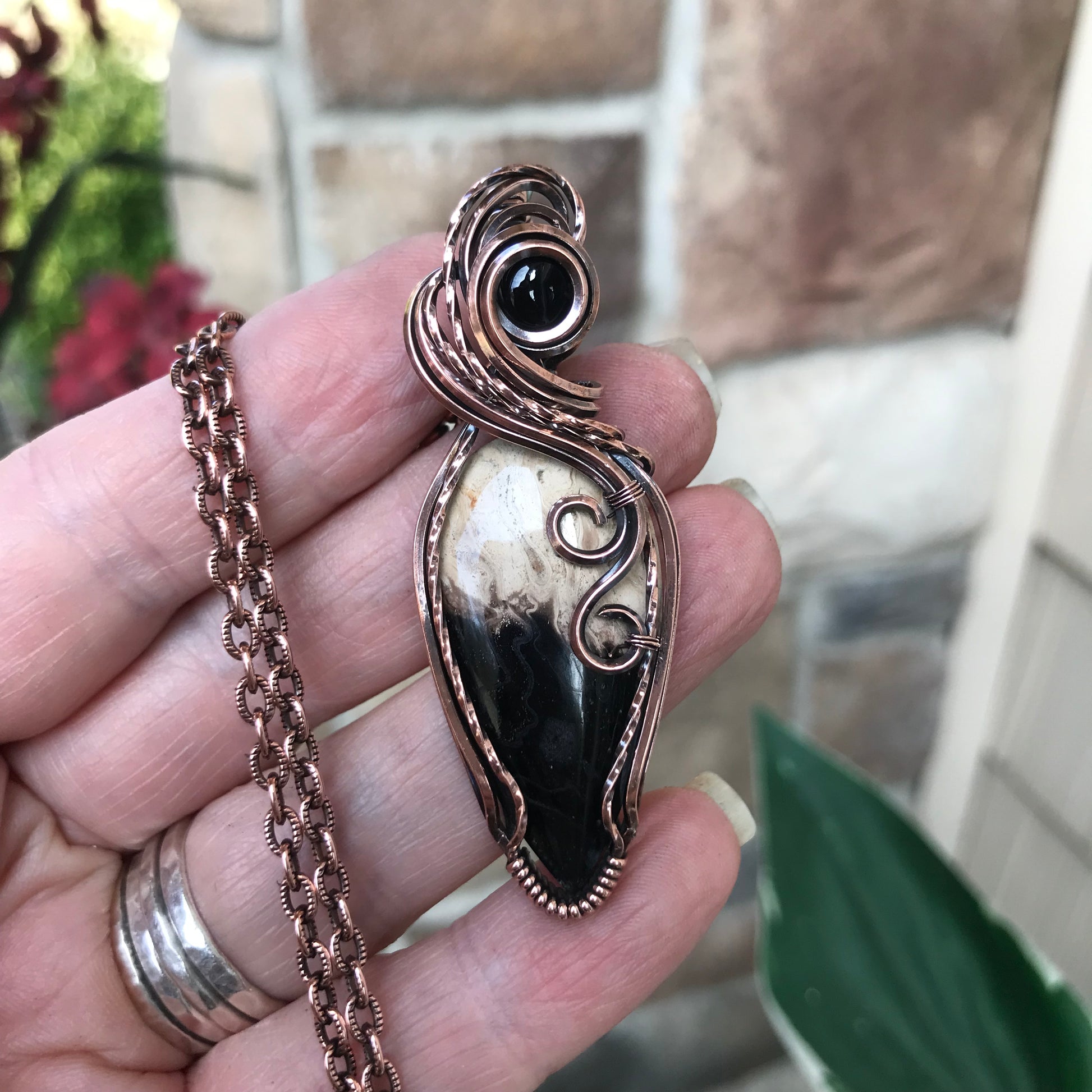 Petrified Palm Root & Black Onyx Copper Necklace