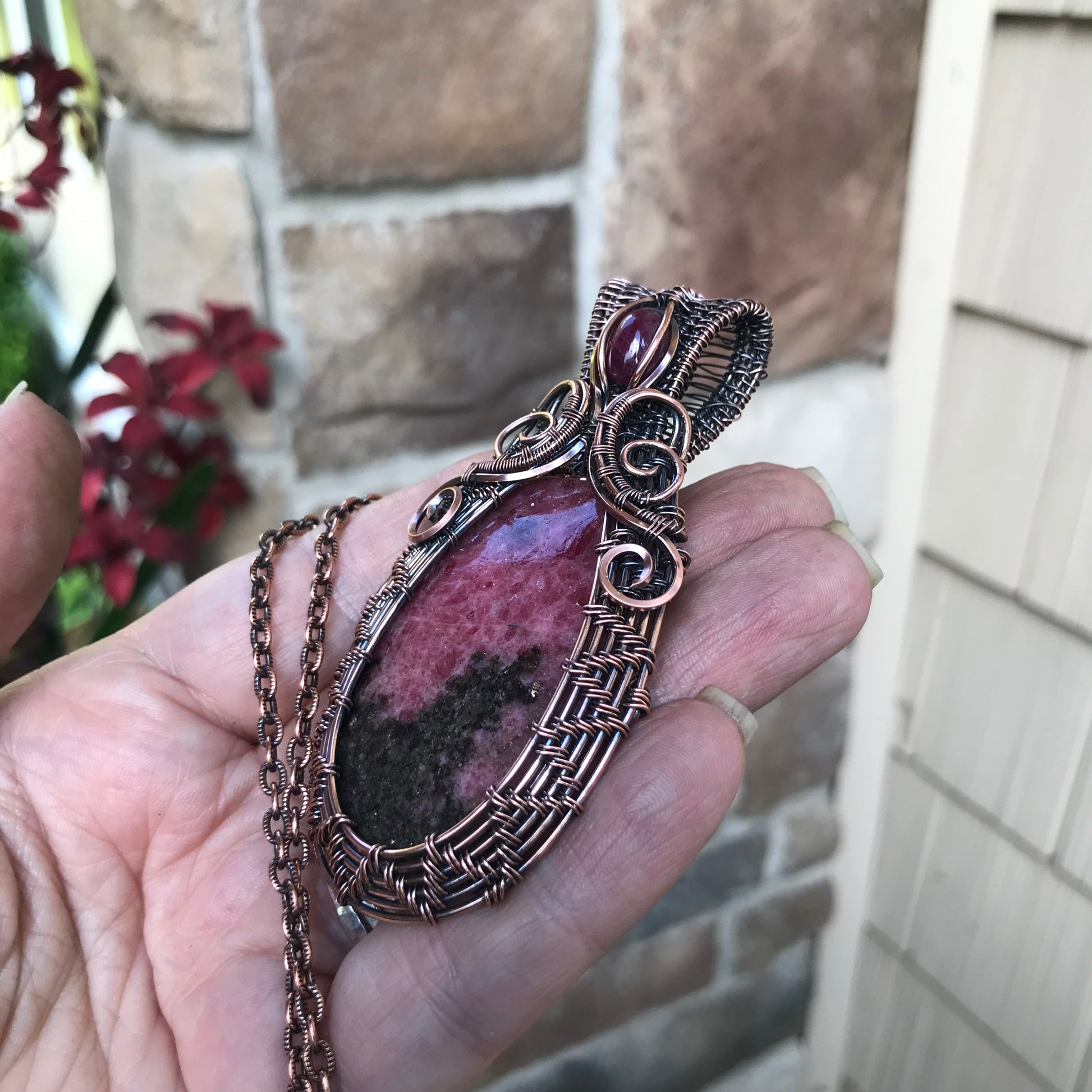 Rhodonite & Ruby Woven Copper Pendant