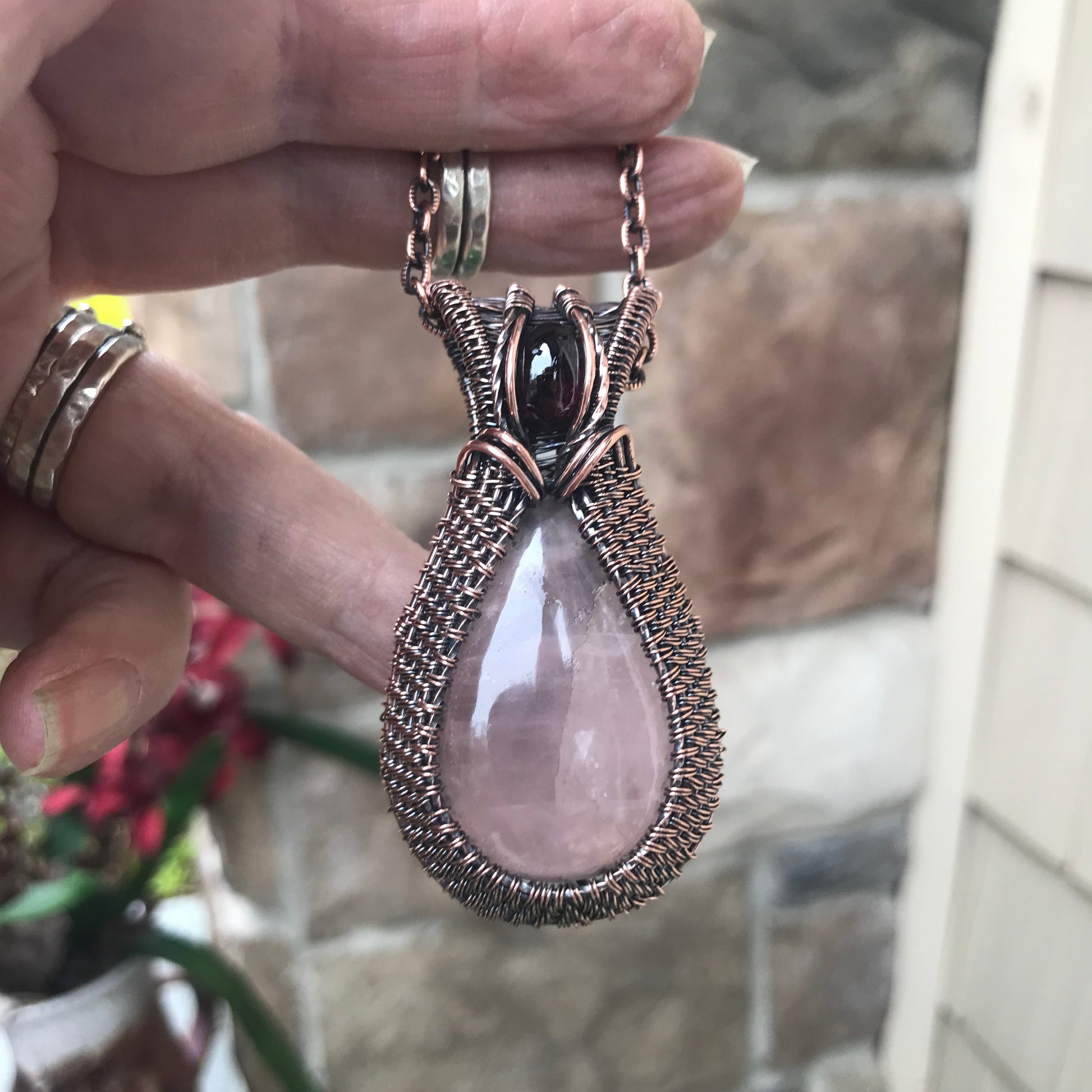 Rose Quartz & Garnet Copper Woven Pendant