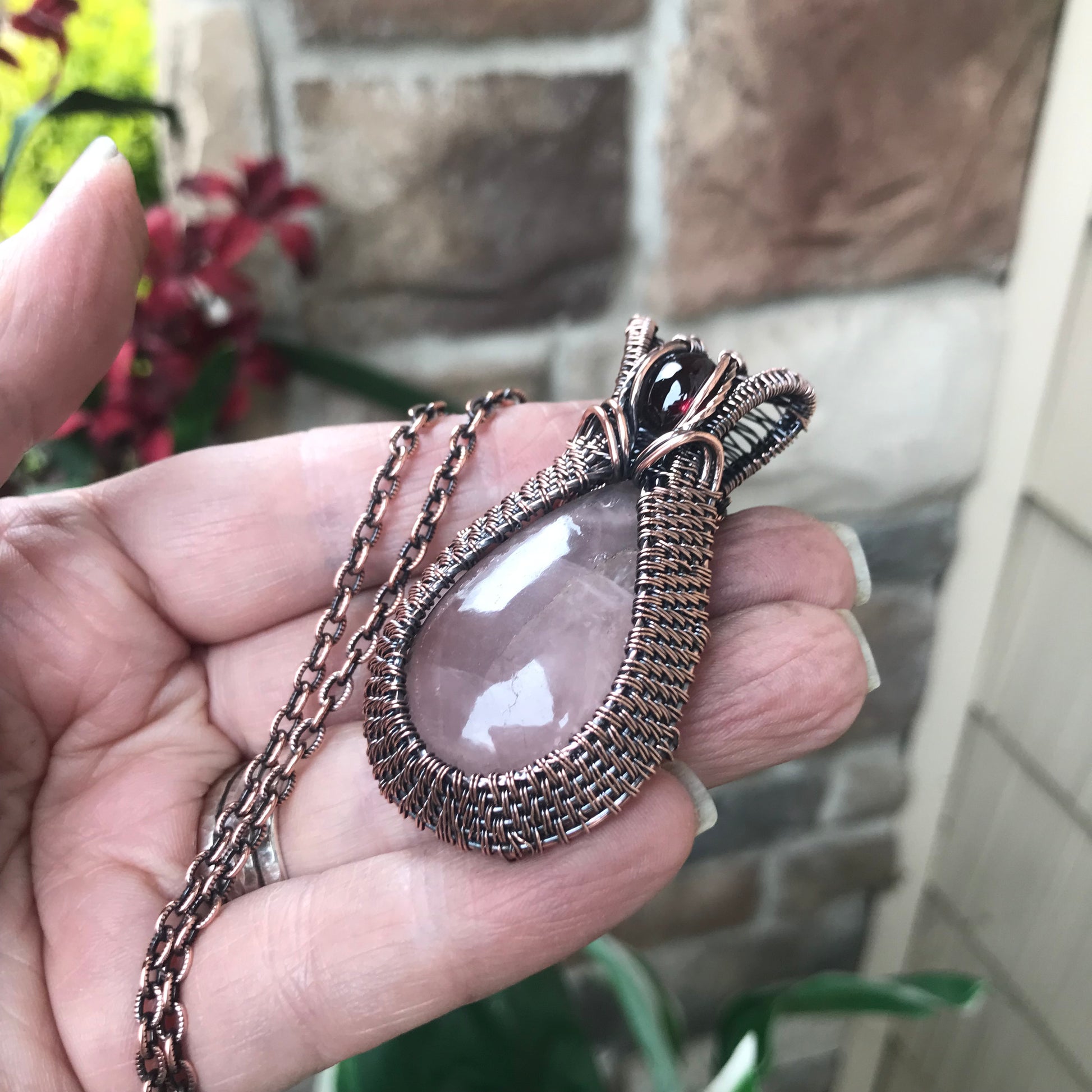 Rose Quartz & Garnet Copper Woven Pendant