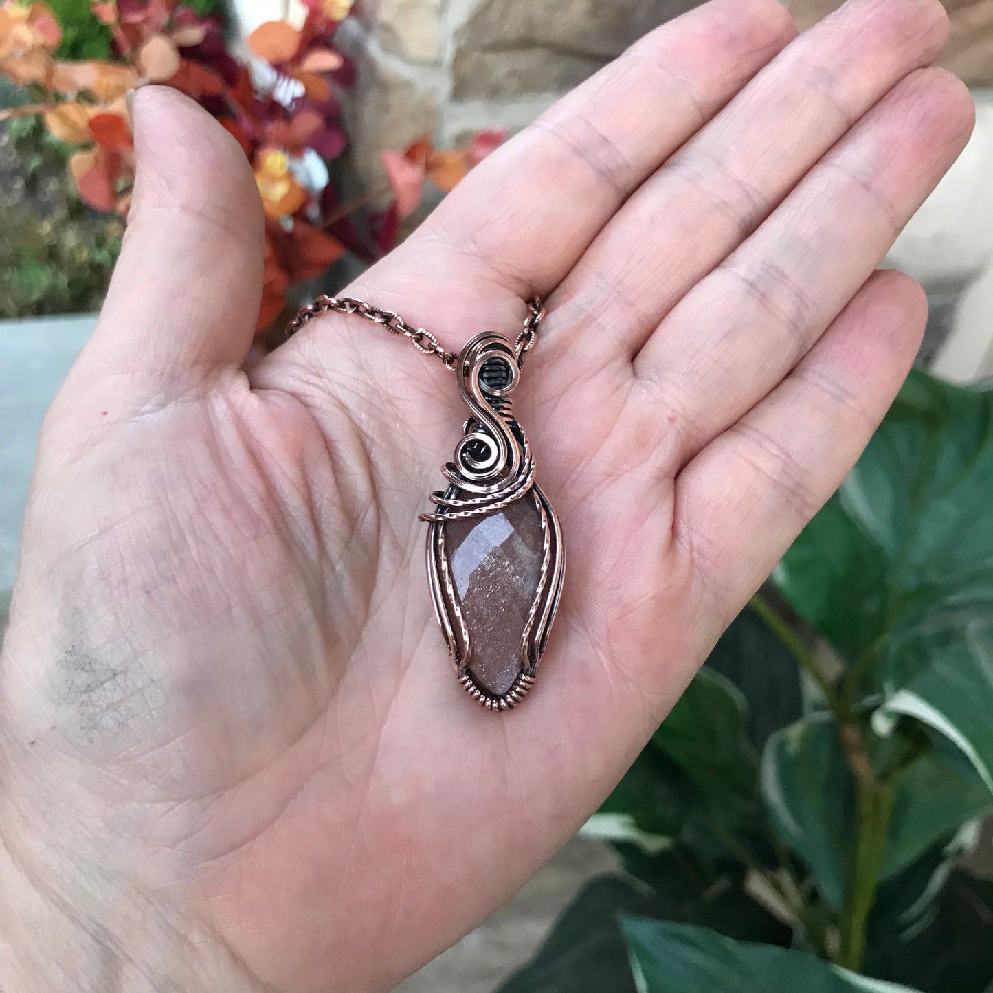 Faceted Peach Moonstone Swirly Copper Pendant