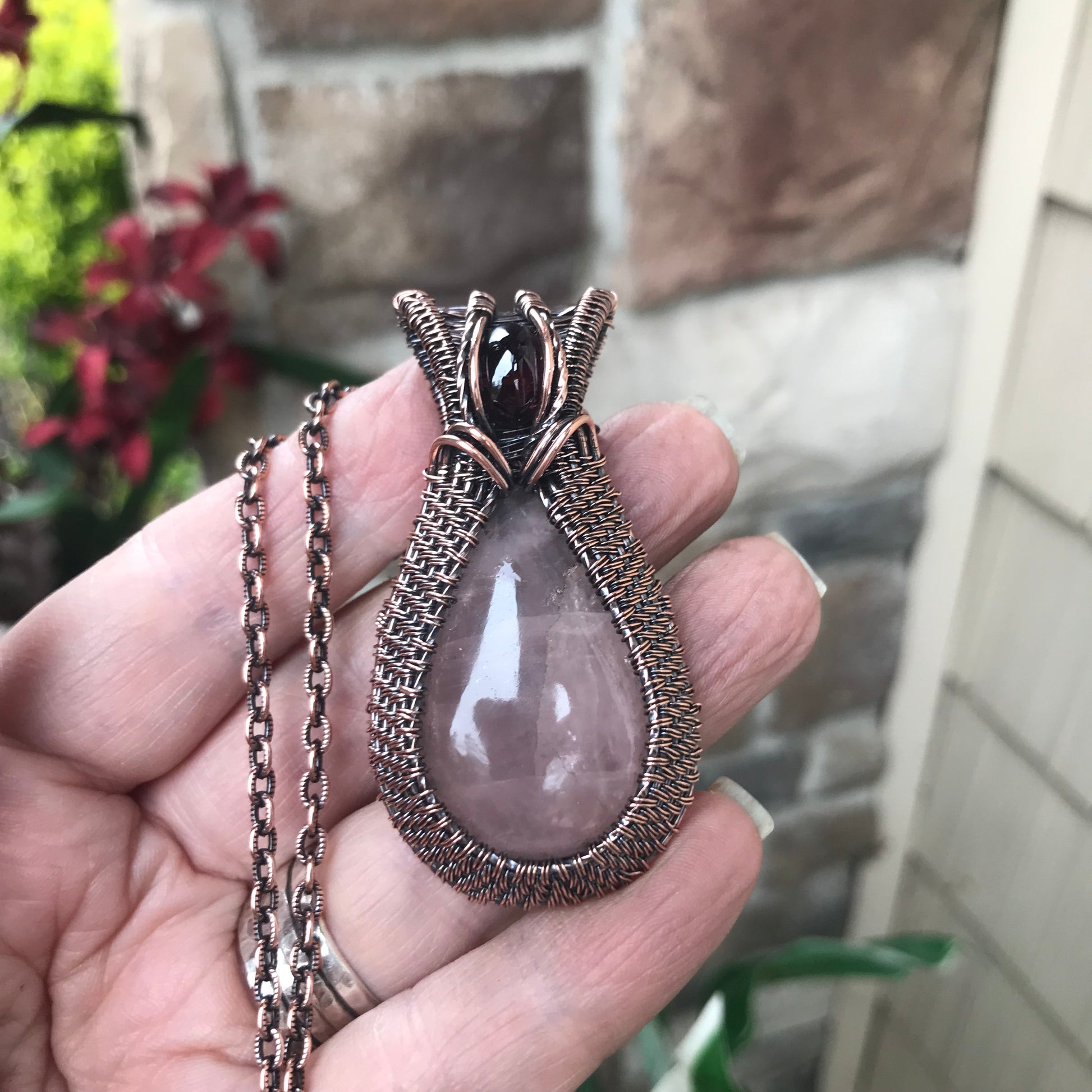 Rose Quartz & Garnet Copper Woven Pendant