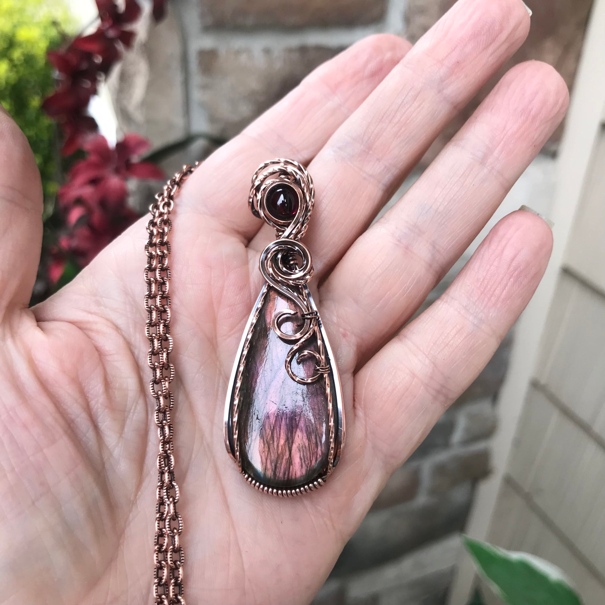 Maroon Amber Labradorite & Garnet Copper Pendant