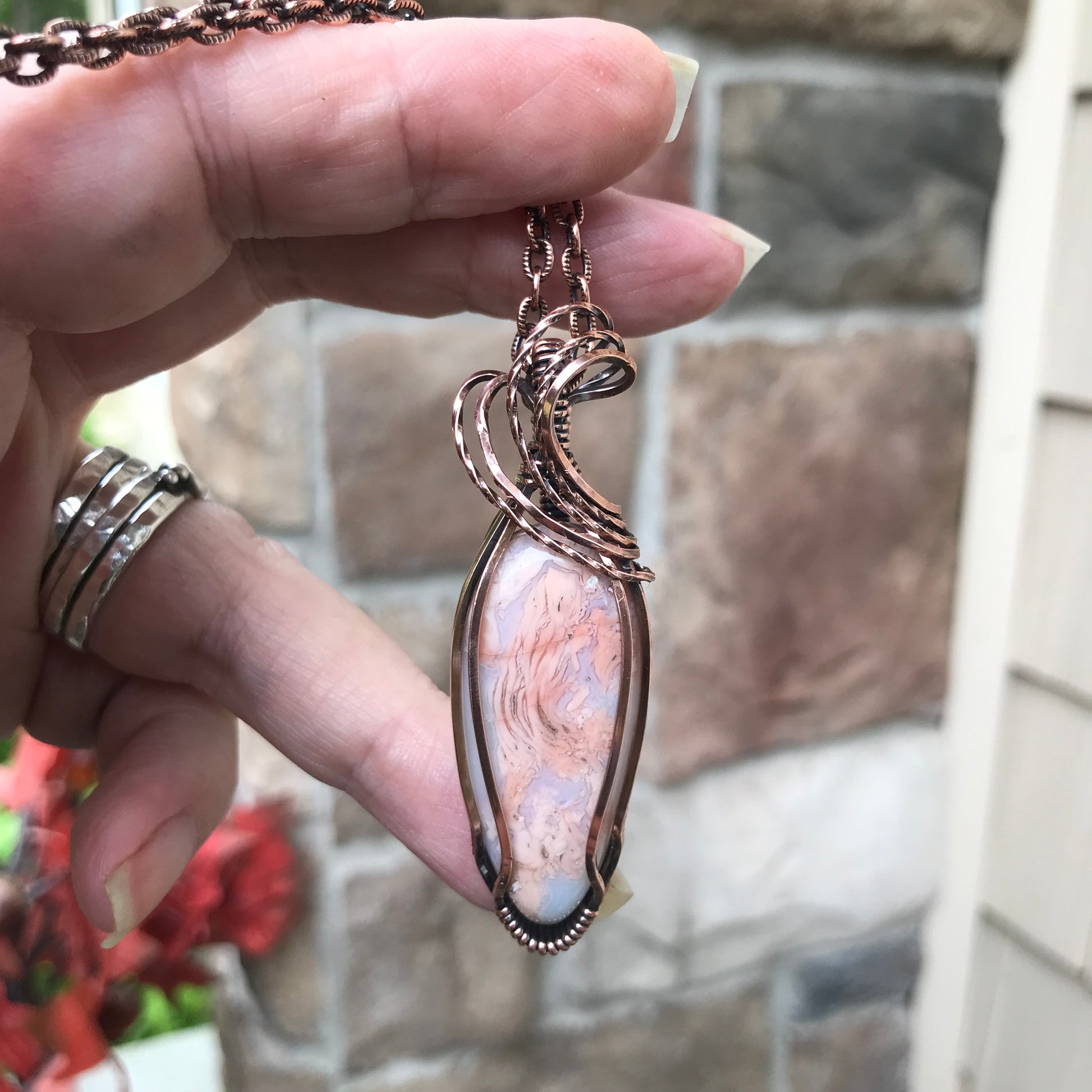 Cotton Candy Agate & Faceted Rose Quartz Copper Pendant