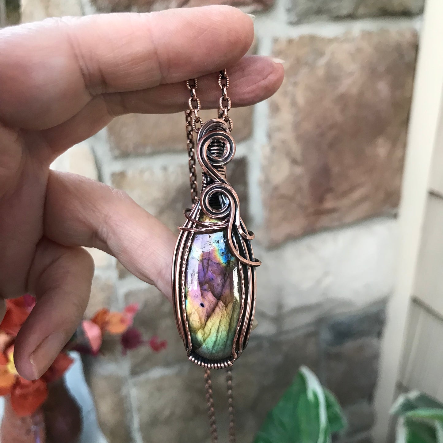 Rainbow Labradorite Slender Oval Swirly Copper Pendant