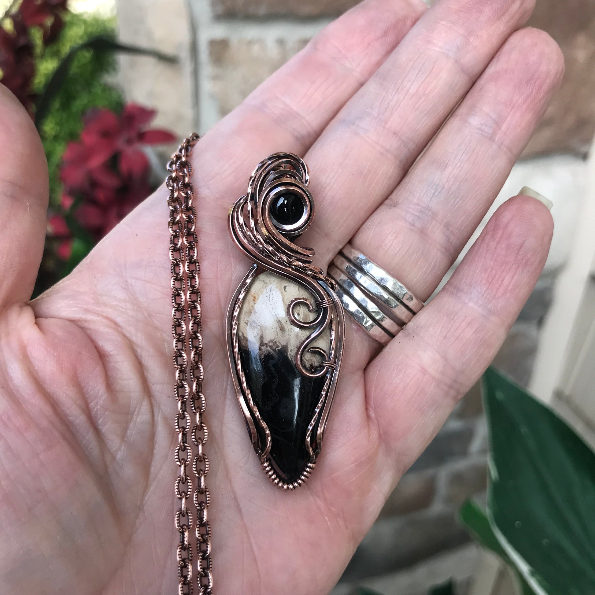 Petrified Palm Root & Black Onyx Copper Necklace