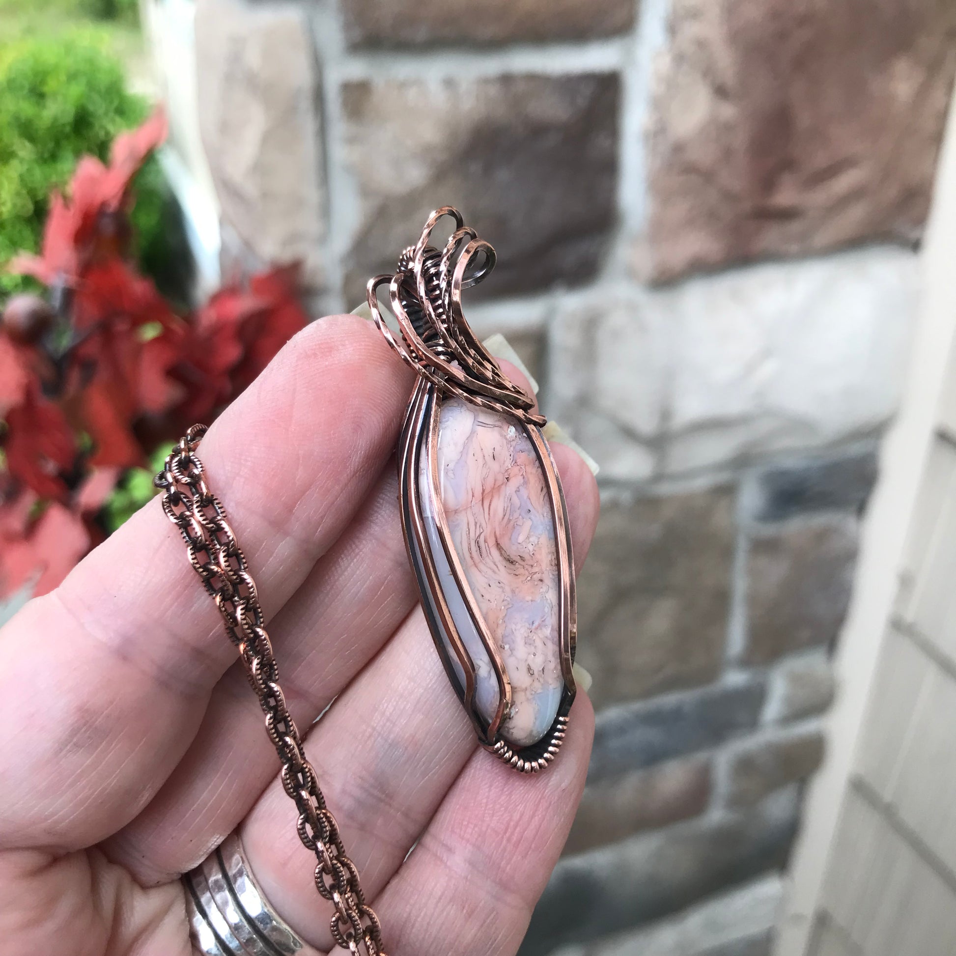 Cotton Candy Agate & Faceted Rose Quartz Copper Pendant
