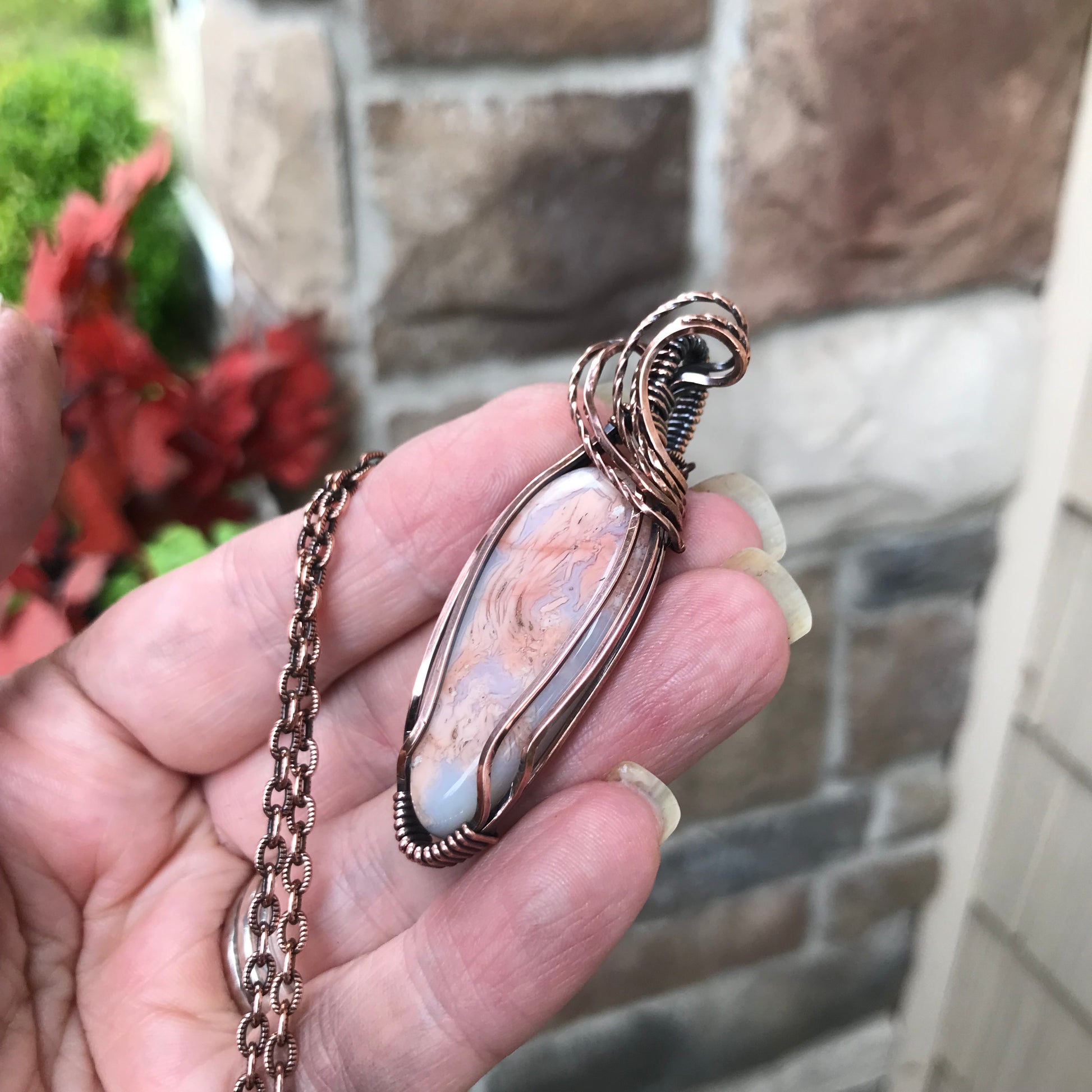 Cotton Candy Agate & Faceted Rose Quartz Copper Pendant