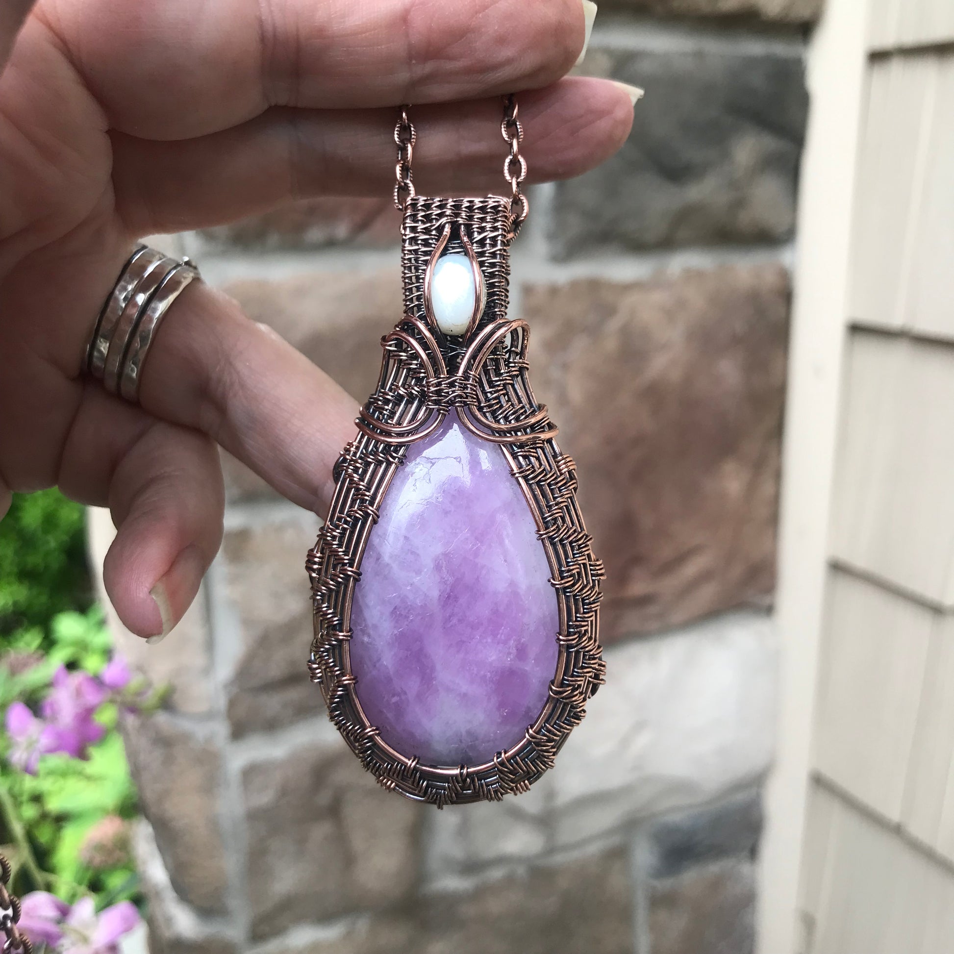 Kunzite & Mother of Pearl Woven Copper Necklace