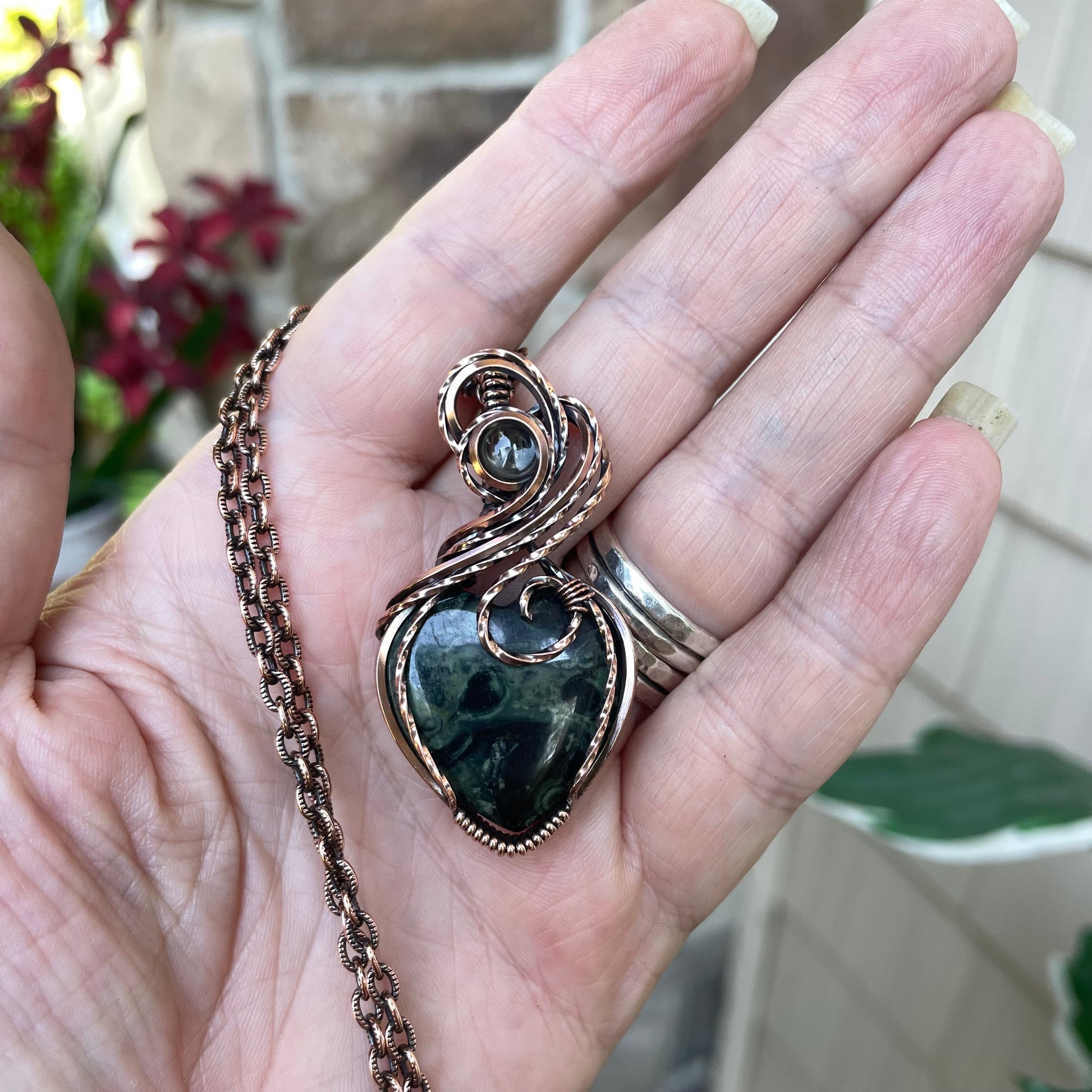 Kambaba Jasper Heart Pendant in Oxidized Copper