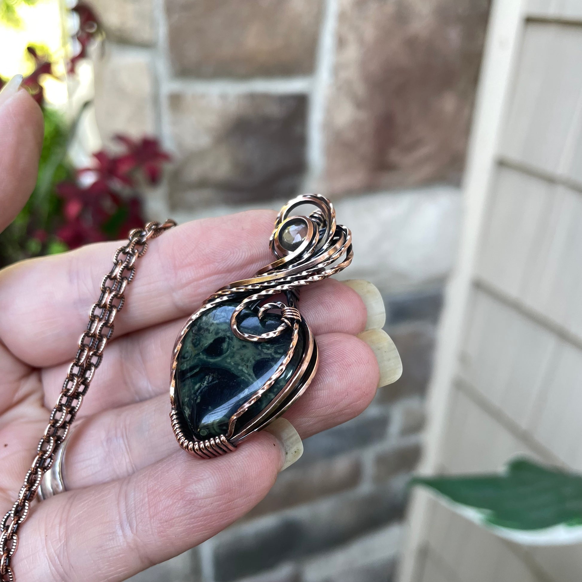 Kambaba Jasper Heart Pendant in Oxidized Copper