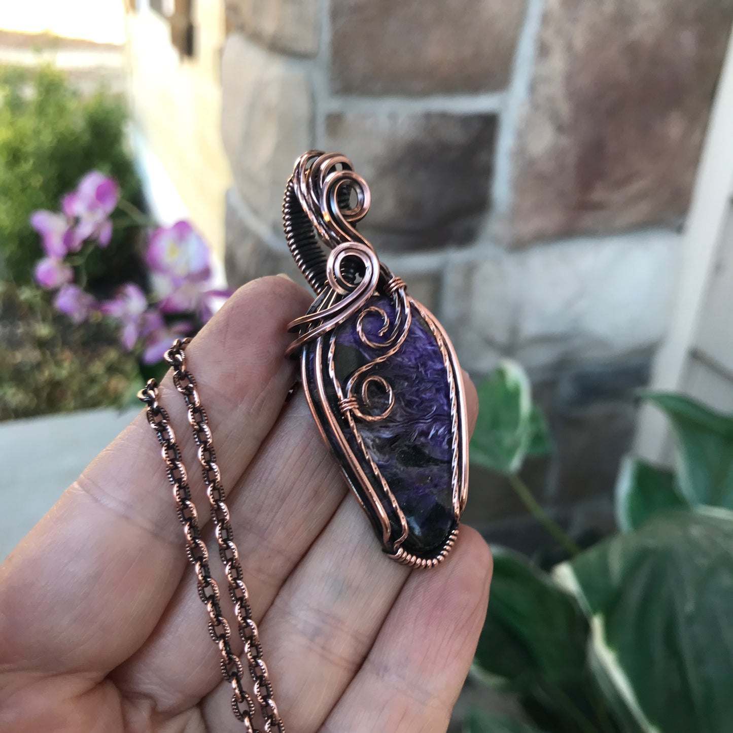 Charoite Copper Necklace with Textured Swirls