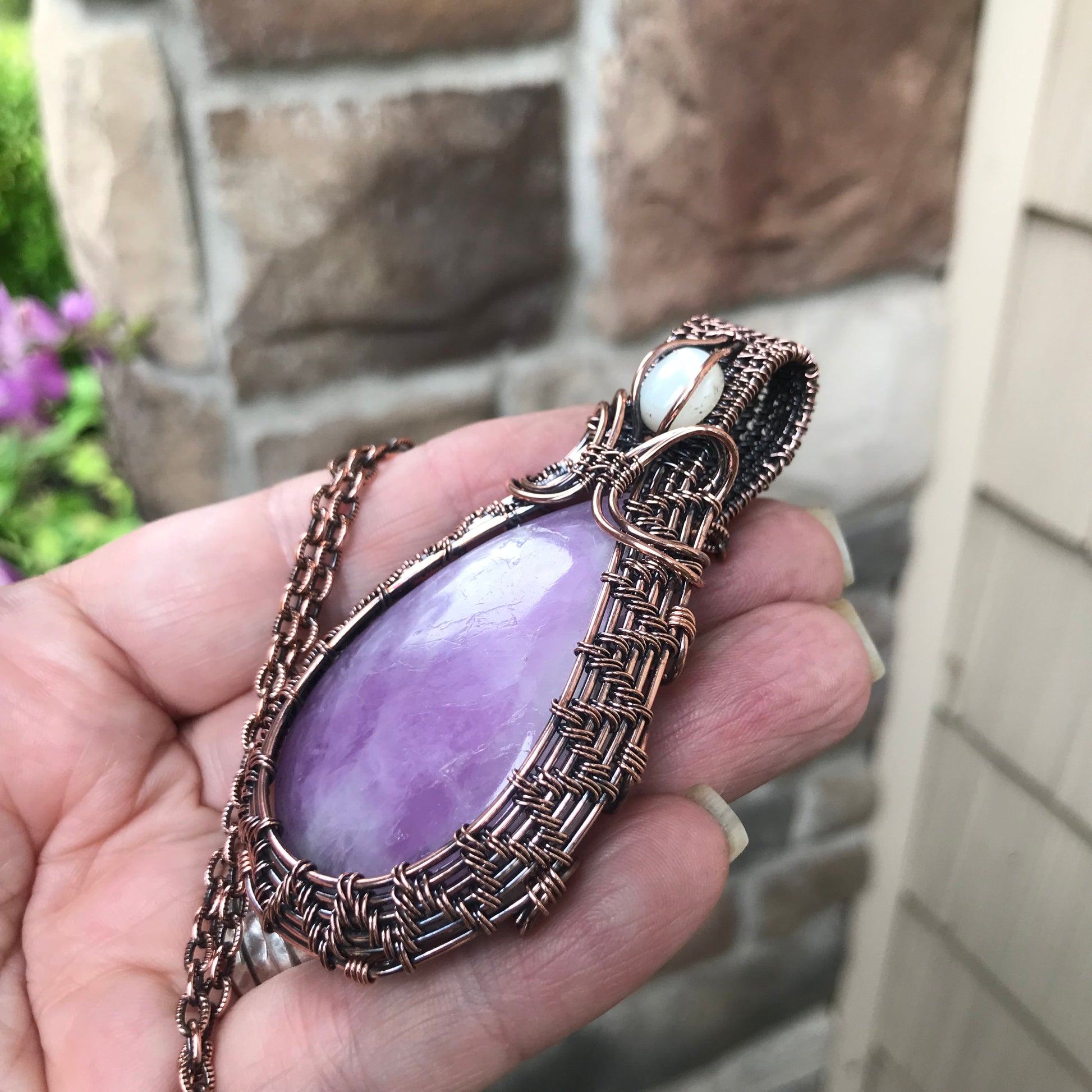 Kunzite & Mother of Pearl Woven Copper Necklace