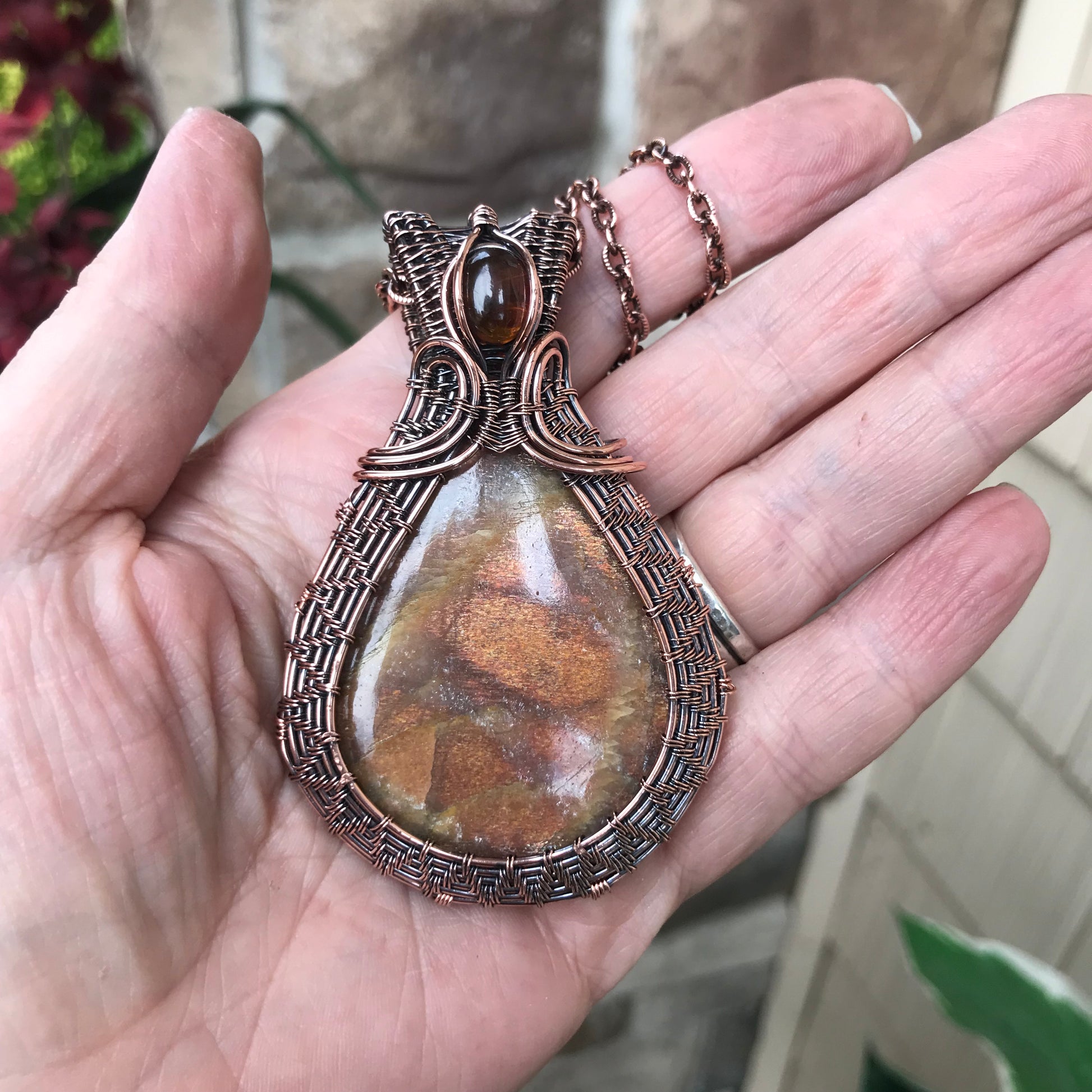 Sunstone & Amber Copper Woven Pendant