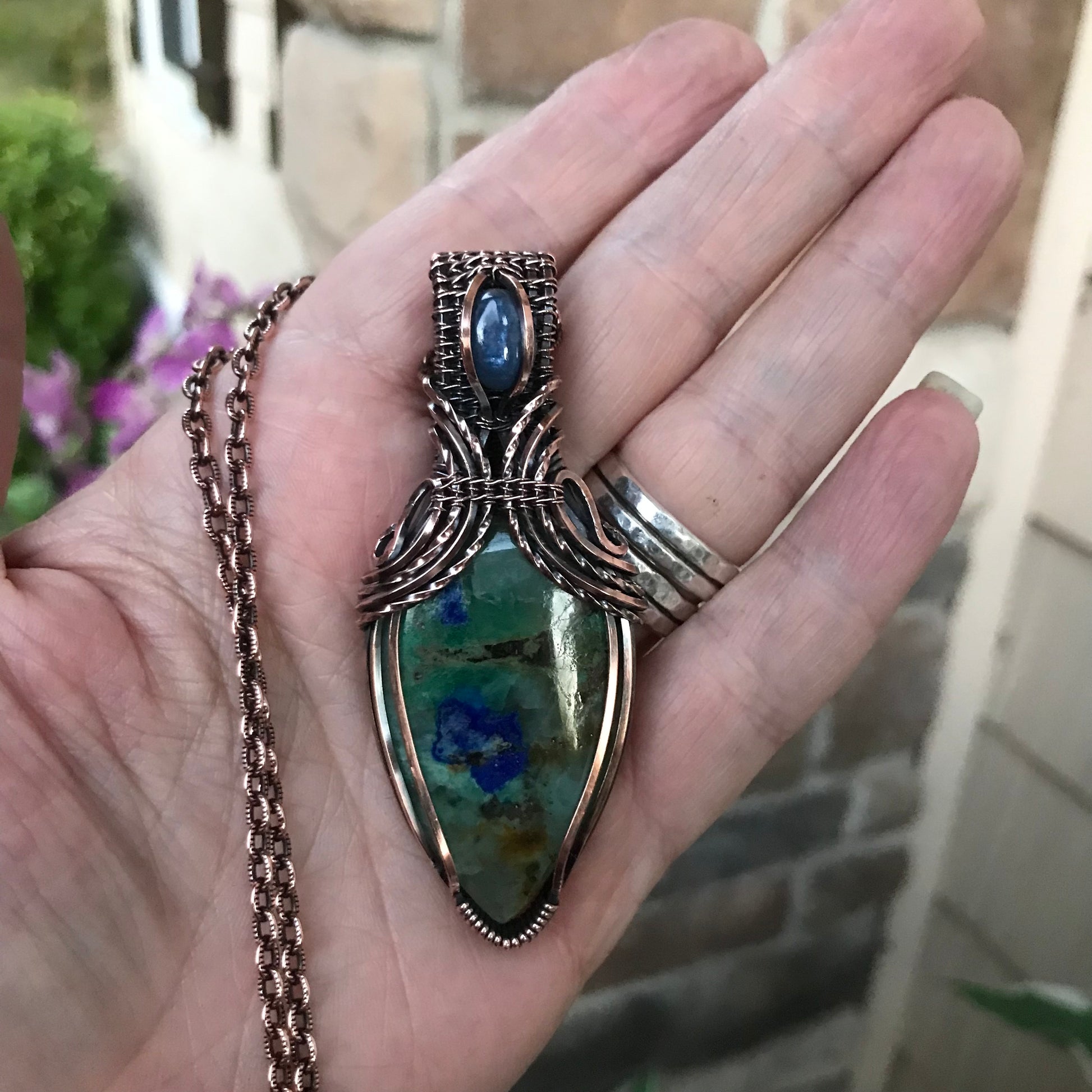 Azurite & Kyanite Copper Pendant with Woven Bail