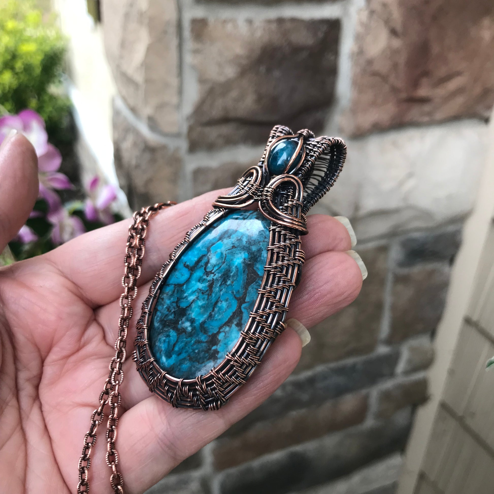 Turquoise with Apatite Woven Copper Pendant