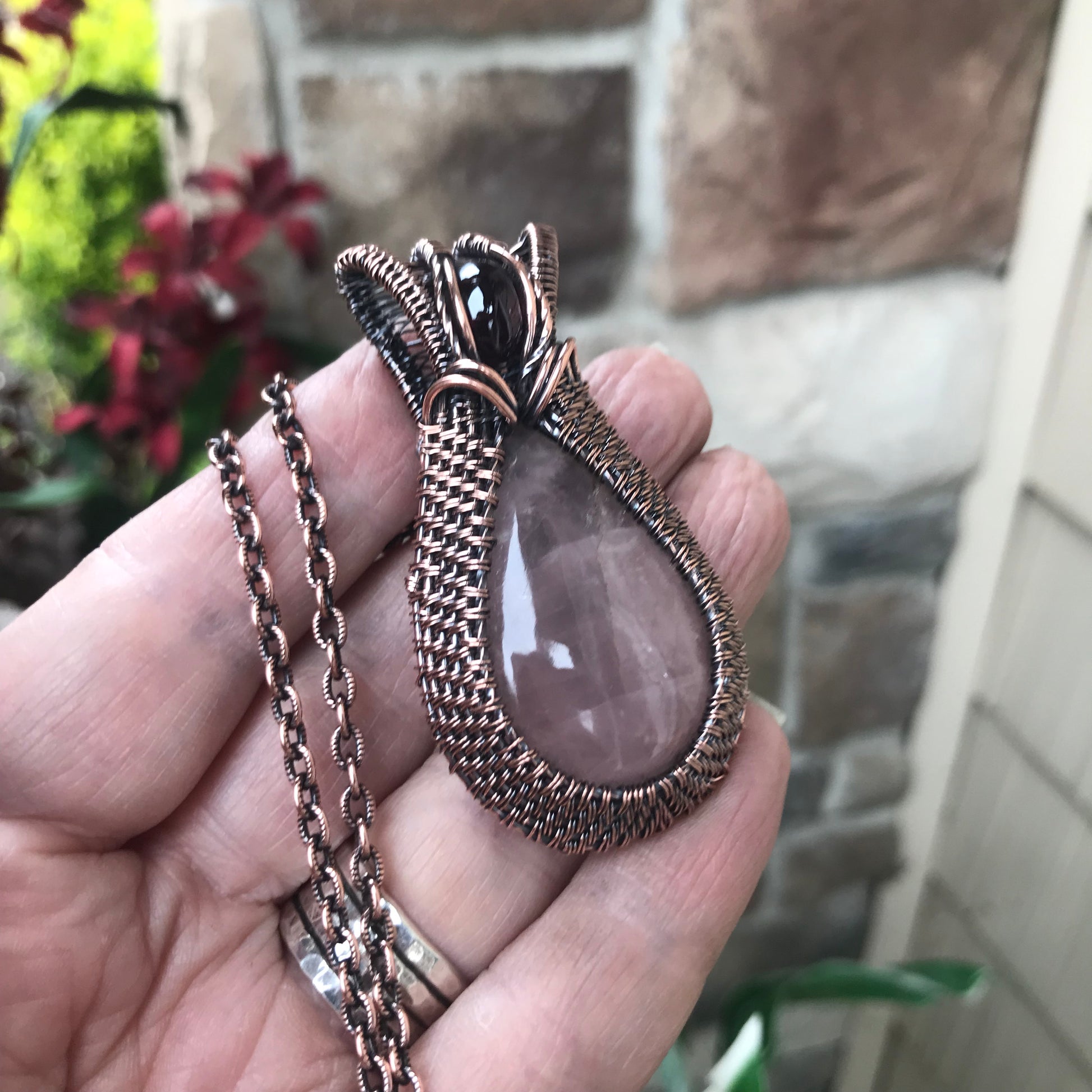 Rose Quartz & Garnet Copper Woven Pendant