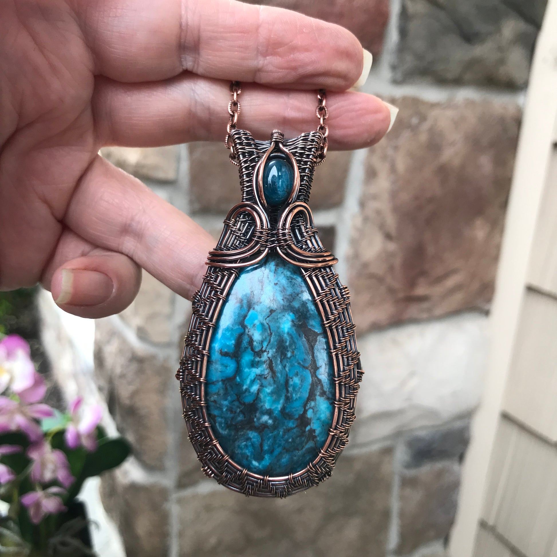 Turquoise with Apatite Woven Copper Pendant