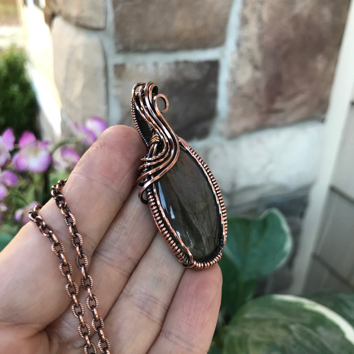 Purple Labradorite Textured Oval Copper Pendant