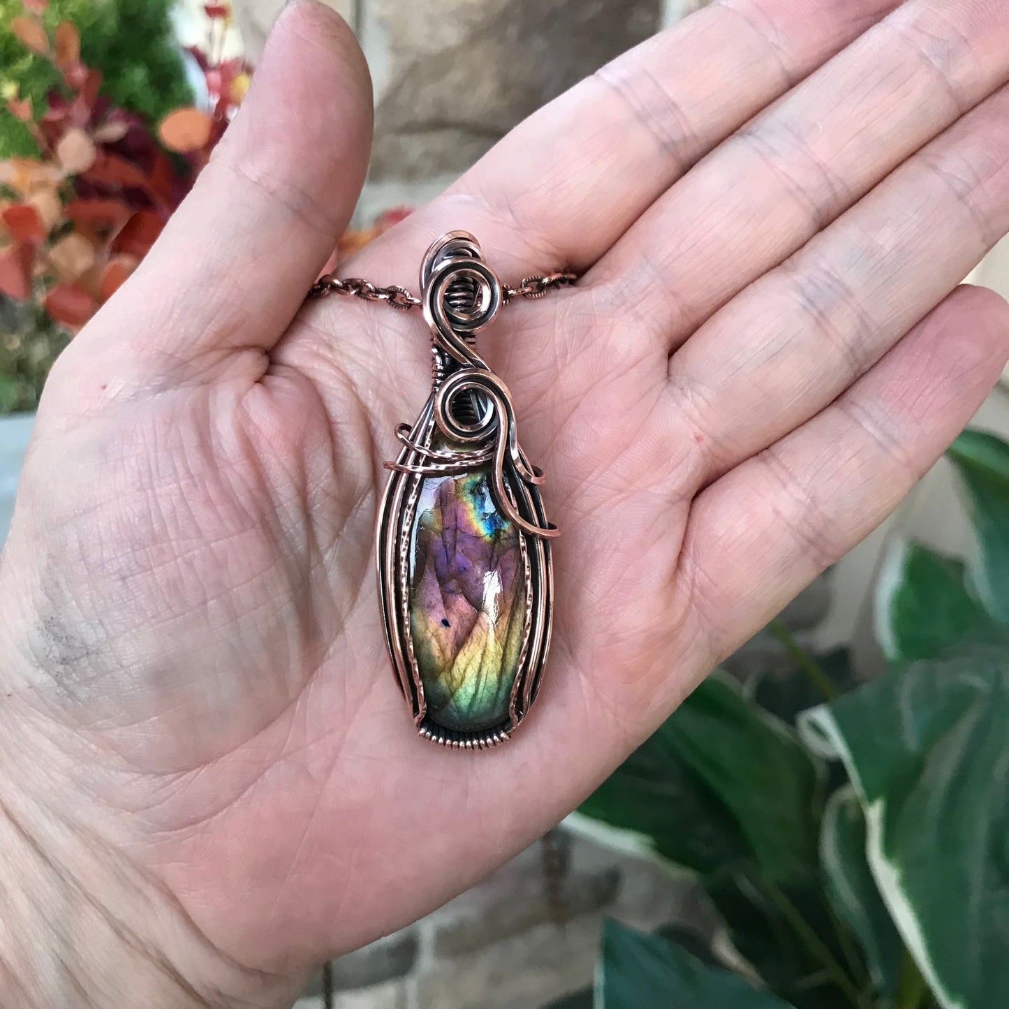 Rainbow Labradorite Slender Oval Swirly Copper Pendant