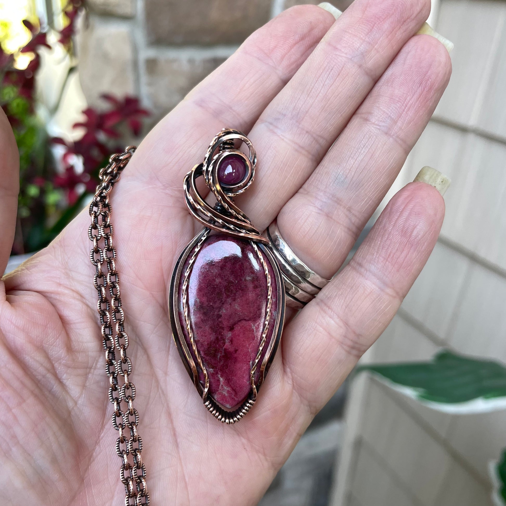 Thulite & Pink Sapphire Copper Necklace