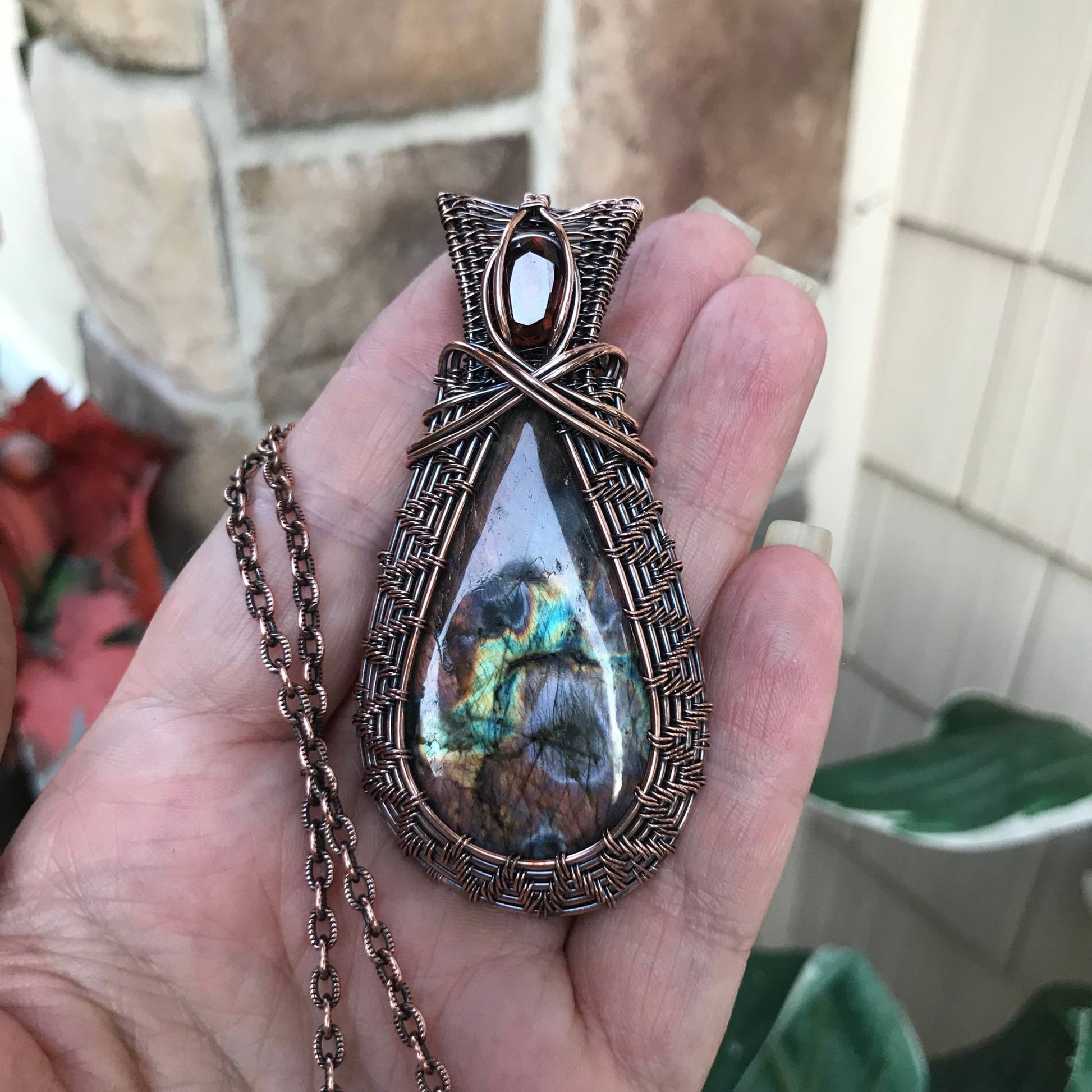Amber Purple Labradorite & Hessonite Garnet Woven Copper Necklace