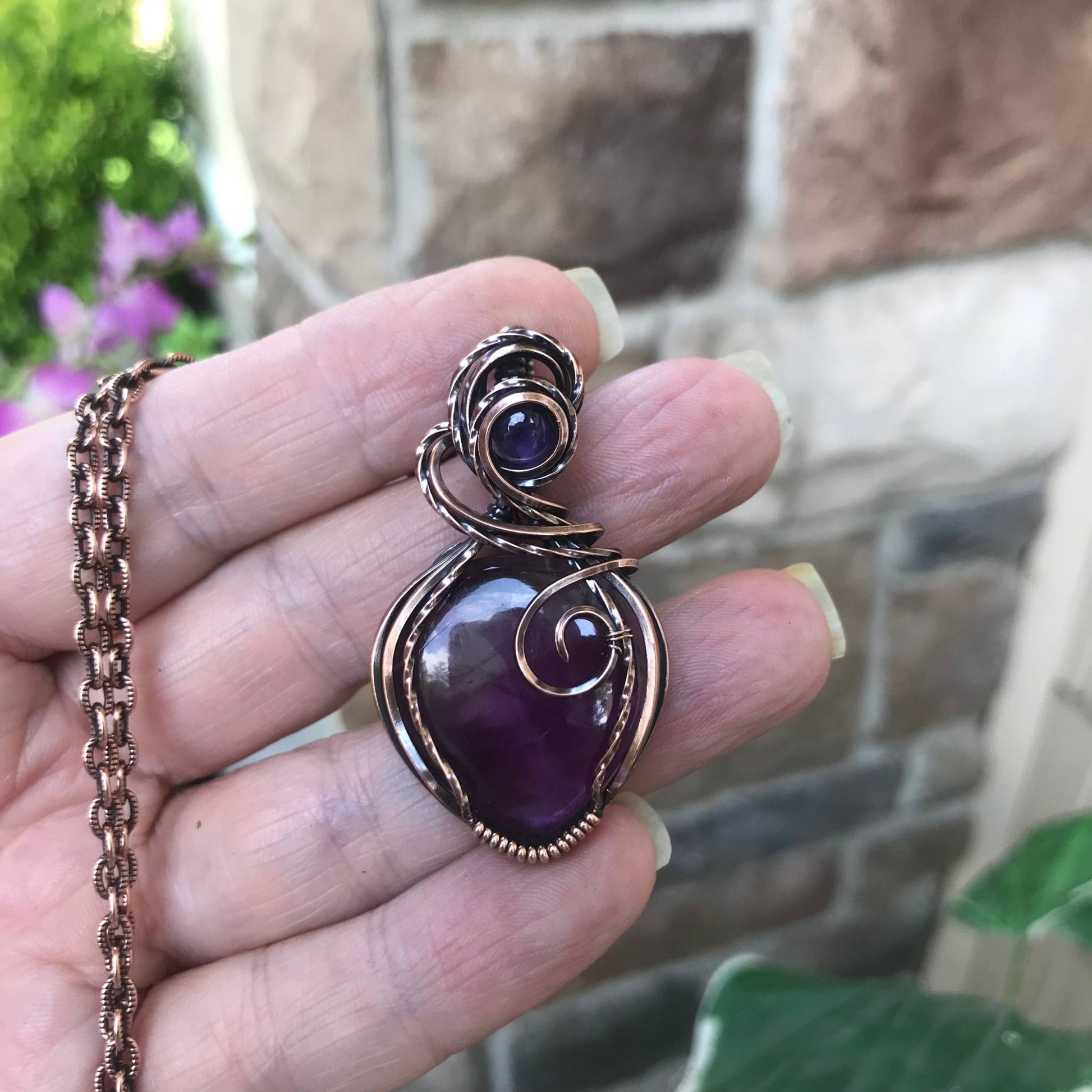 Amethyst with amethyst accent copper wire wrapped necklace by Moonlet Jewelry