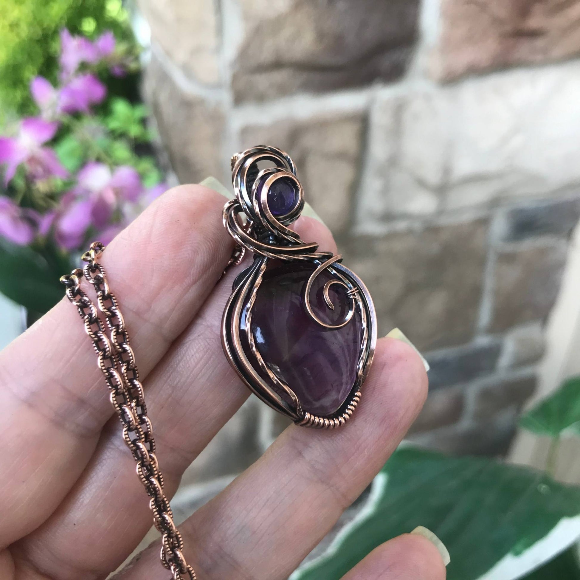 Amethyst with amethyst accent copper wire wrapped necklace by Moonlet Jewelry