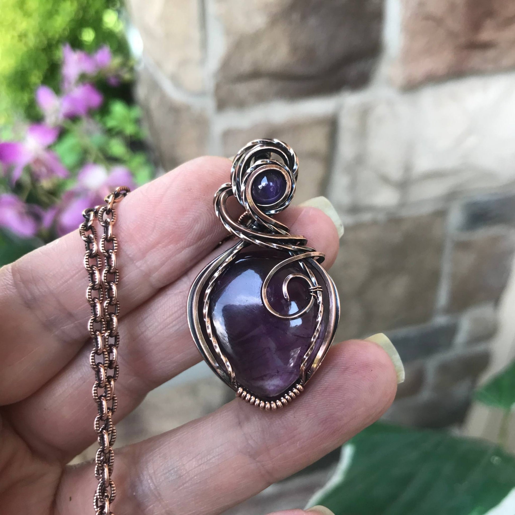 Amethyst with amethyst accent copper wire wrapped necklace by Moonlet Jewelry